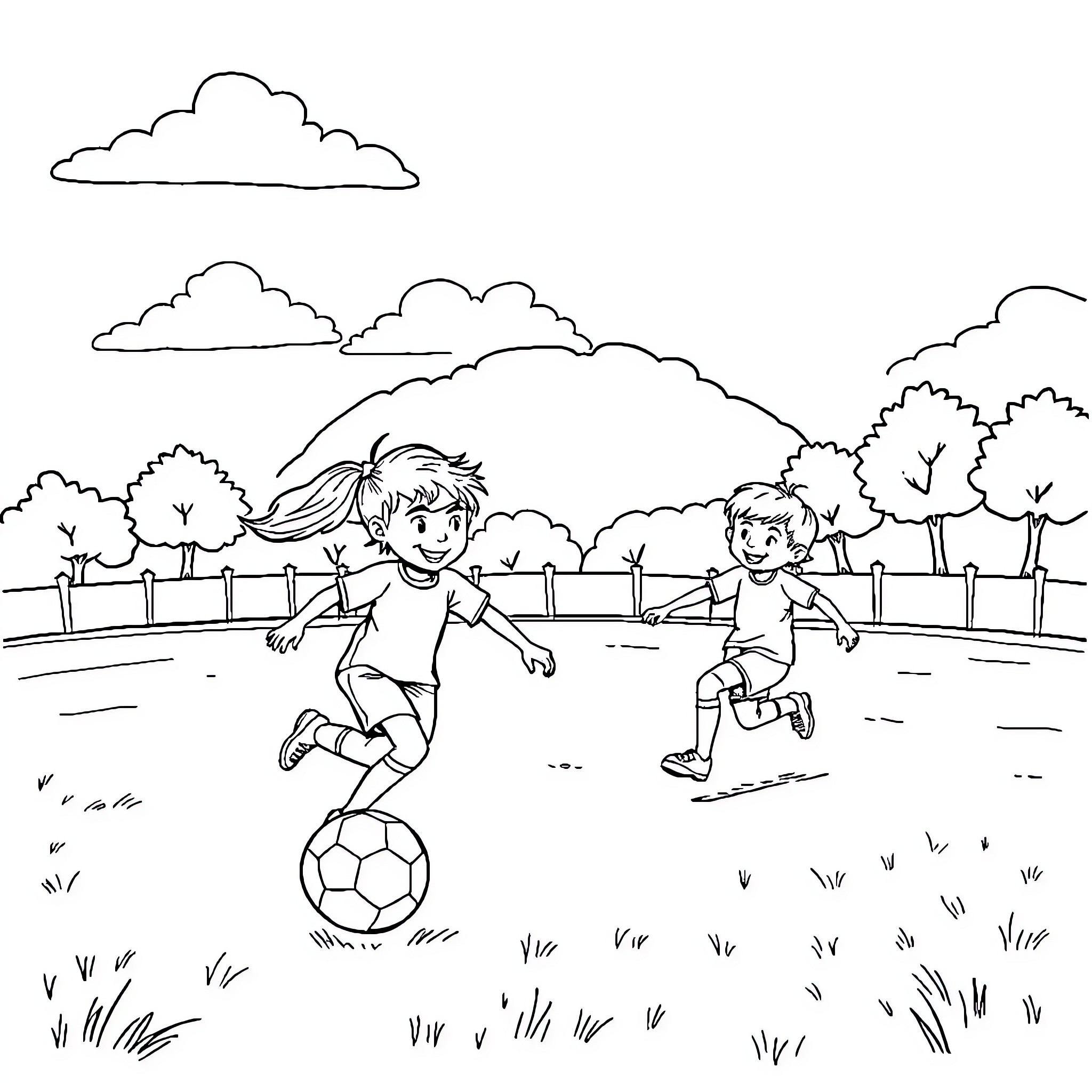 Kids playing soccer in the park Coloring Page (free black-and-white line drawing printable PDF for all, from beginners to advanced learners, including children, teens, adults, and seniors)