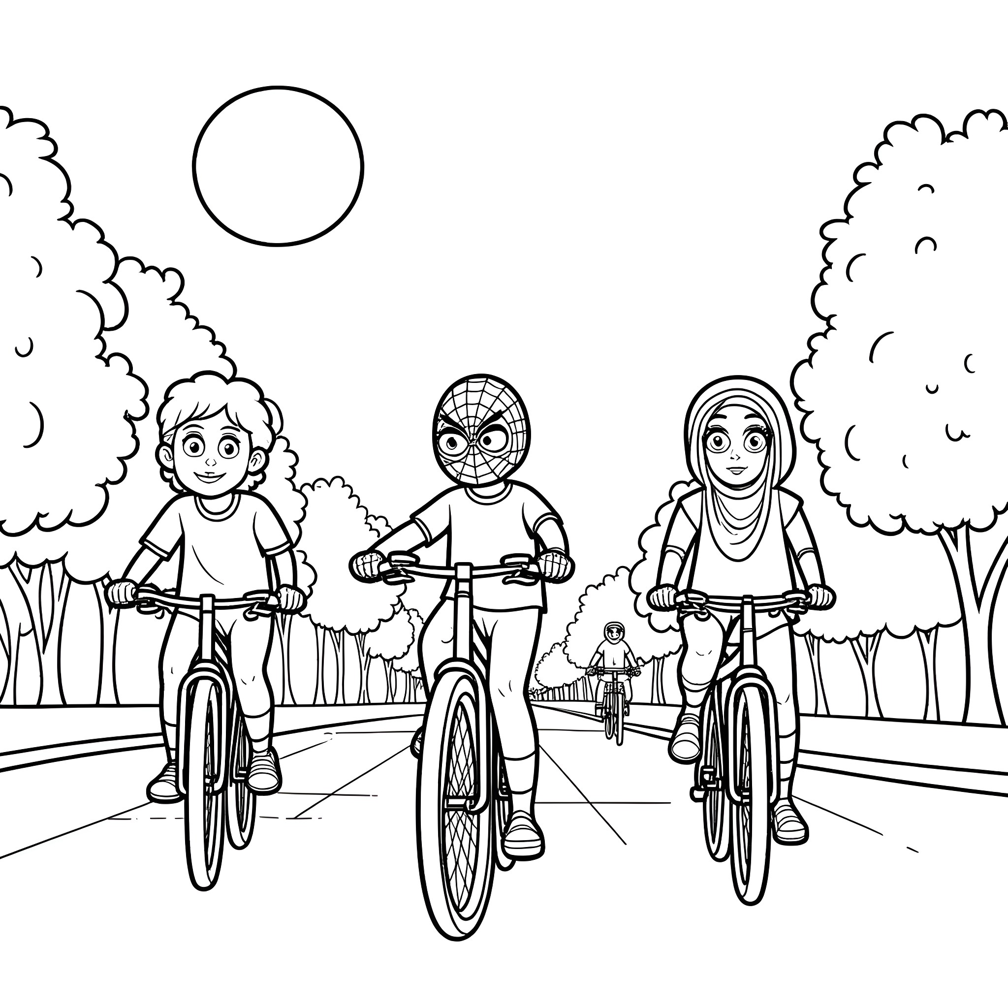 Spider-themed characters enjoying a bike ride Coloring Page (free black-and-white line drawing printable PDF for all, from beginners to advanced learners, including children, teens, adults, and seniors)
