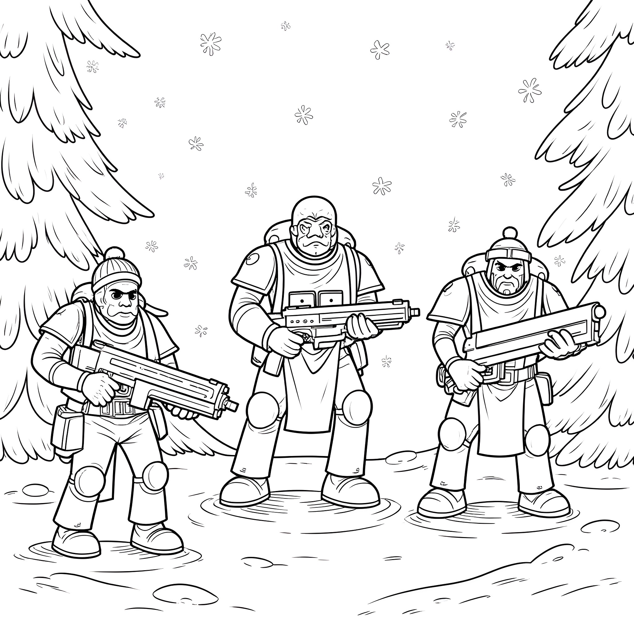 Warhammer soldiers in snowy wilderness Coloring Page (free black-and-white line drawing printable PDF for all, from beginners to advanced learners, including children, teens, adults, and seniors)