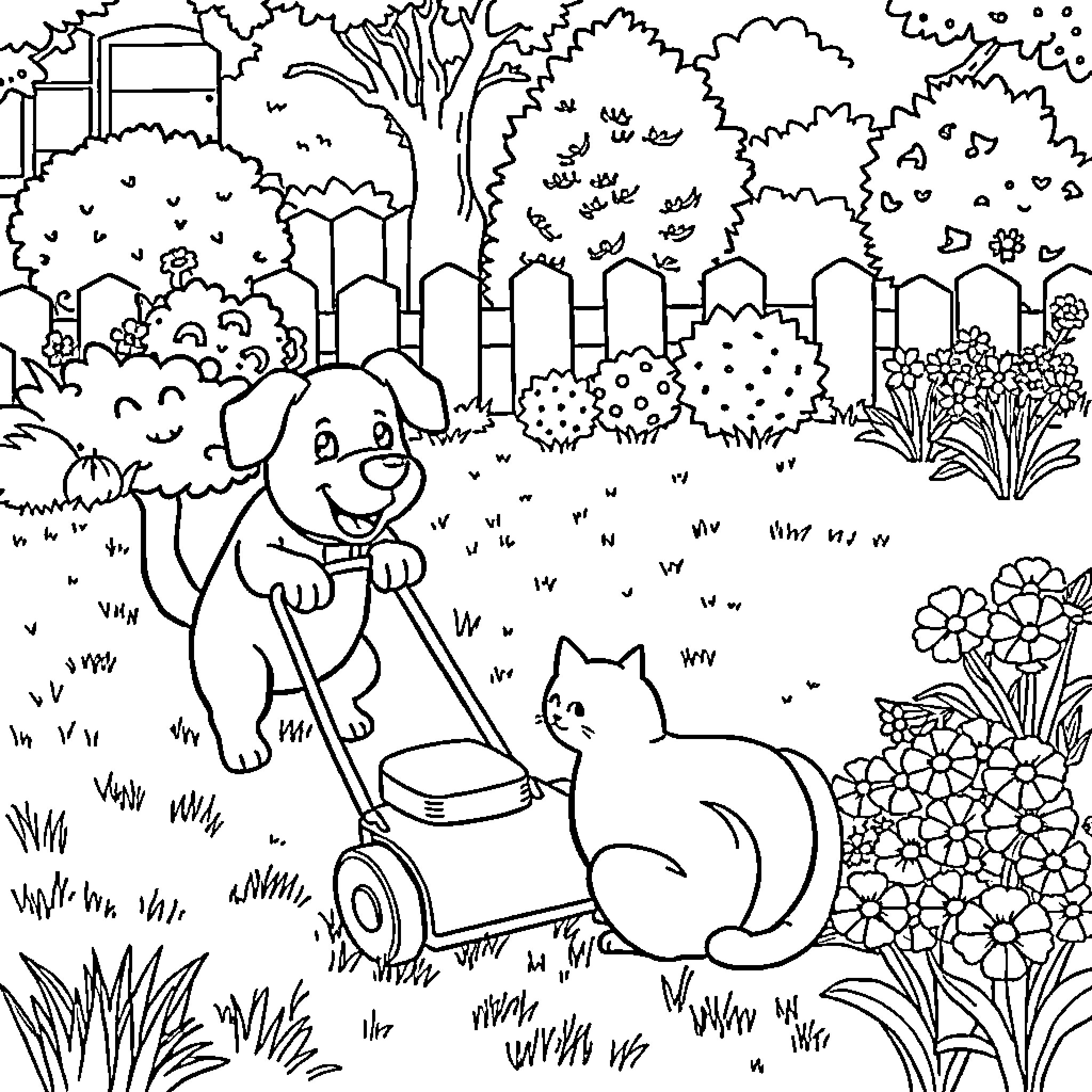 Dog mowing the lawn with cat companion Coloring Page (free black-and-white line drawing printable PDF for all, from beginners to advanced learners, including children, teens, adults, and seniors)