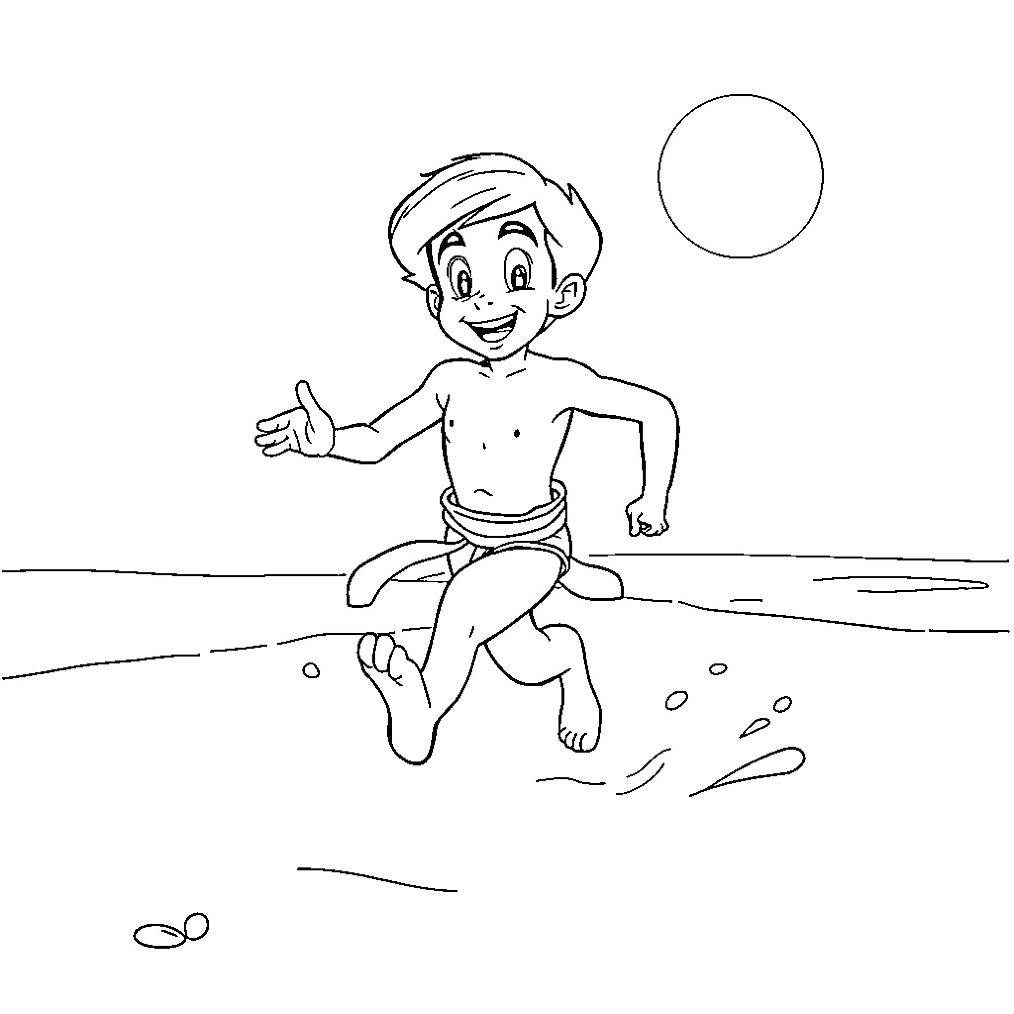 Aladdin enjoying a day at the beach Coloring Page (free black-and-white line drawing printable PDF for all, from beginners to advanced learners, including children, teens, adults, and seniors)