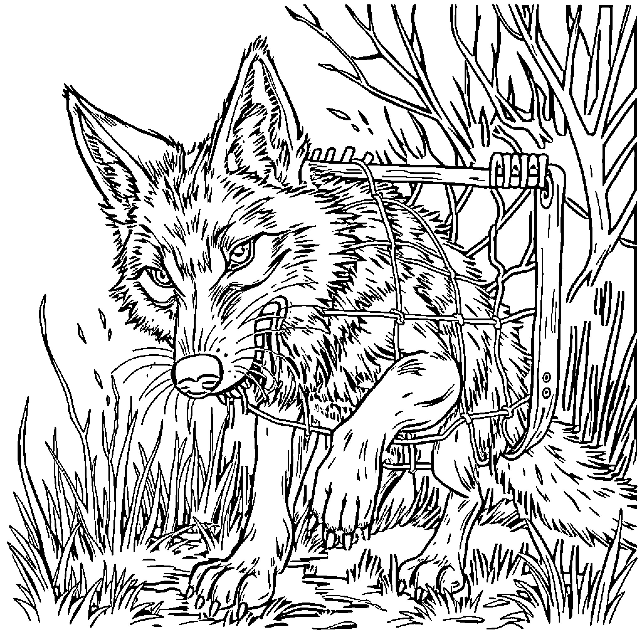 Coyote stalking its prey in the wilderness Coloring Page (free black-and-white line drawing printable PDF for all, from beginners to advanced learners, including children, teens, adults, and seniors)