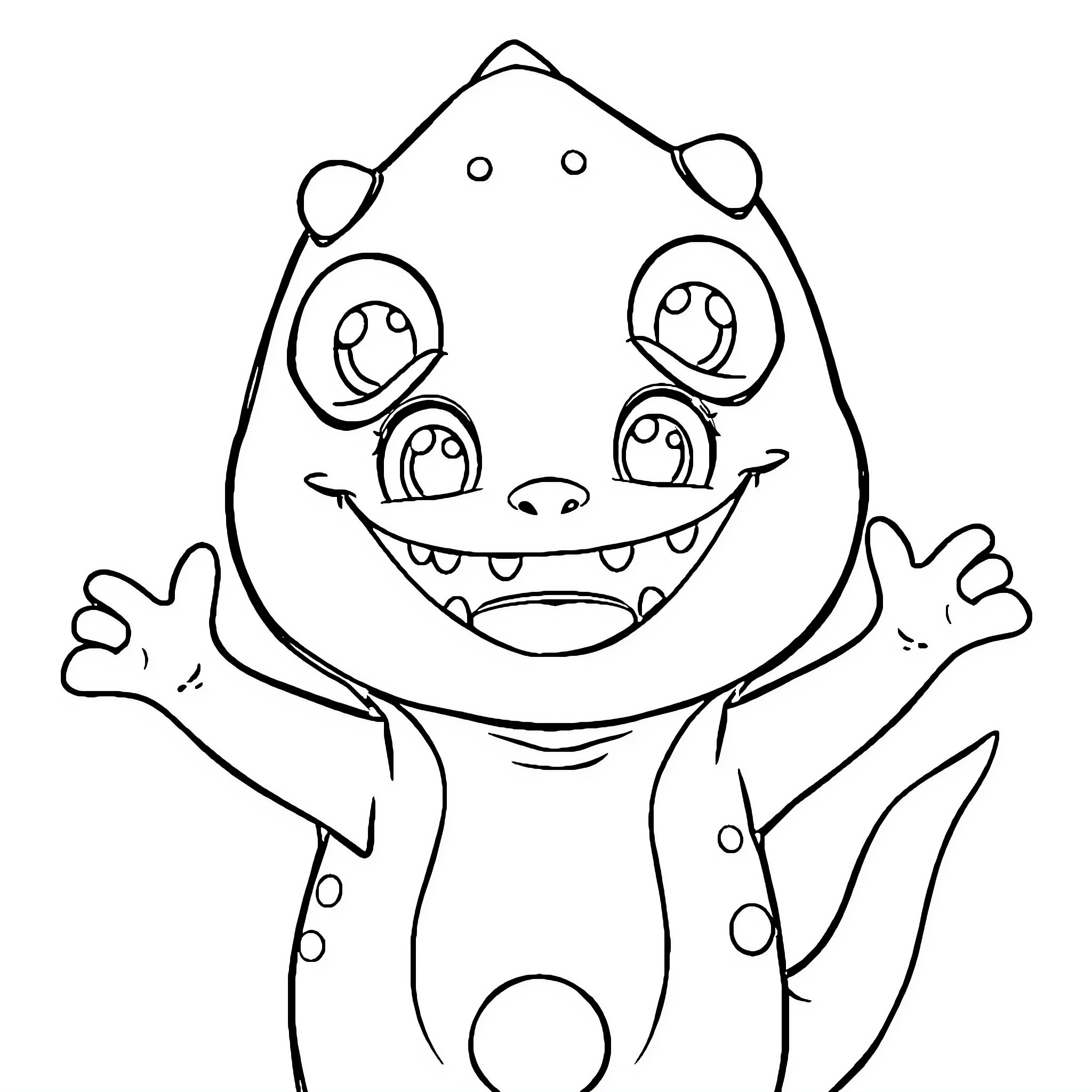 Kid monster character with arms raised Coloring Page (free black-and-white line drawing printable PDF for all, from beginners to advanced learners, including children, teens, adults, and seniors)