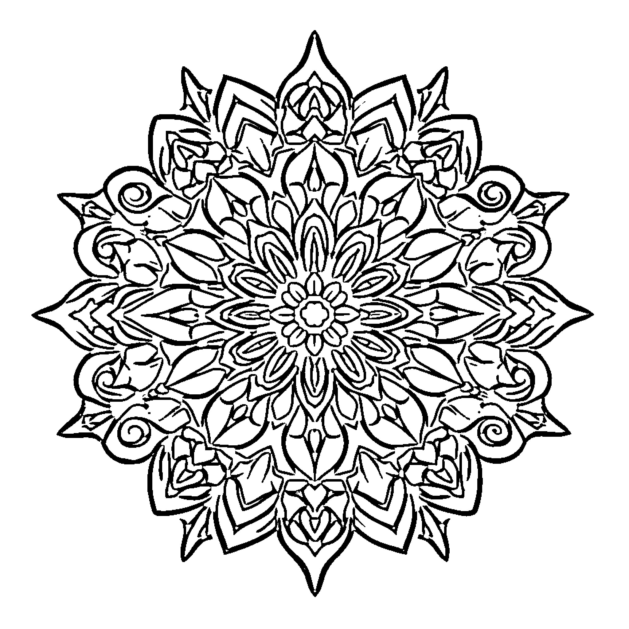 Flower Mandala with Intricate Floral Design Coloring Page (free black-and-white line drawing printable PDF for all, from beginners to advanced learners, including children, teens, adults, and seniors)