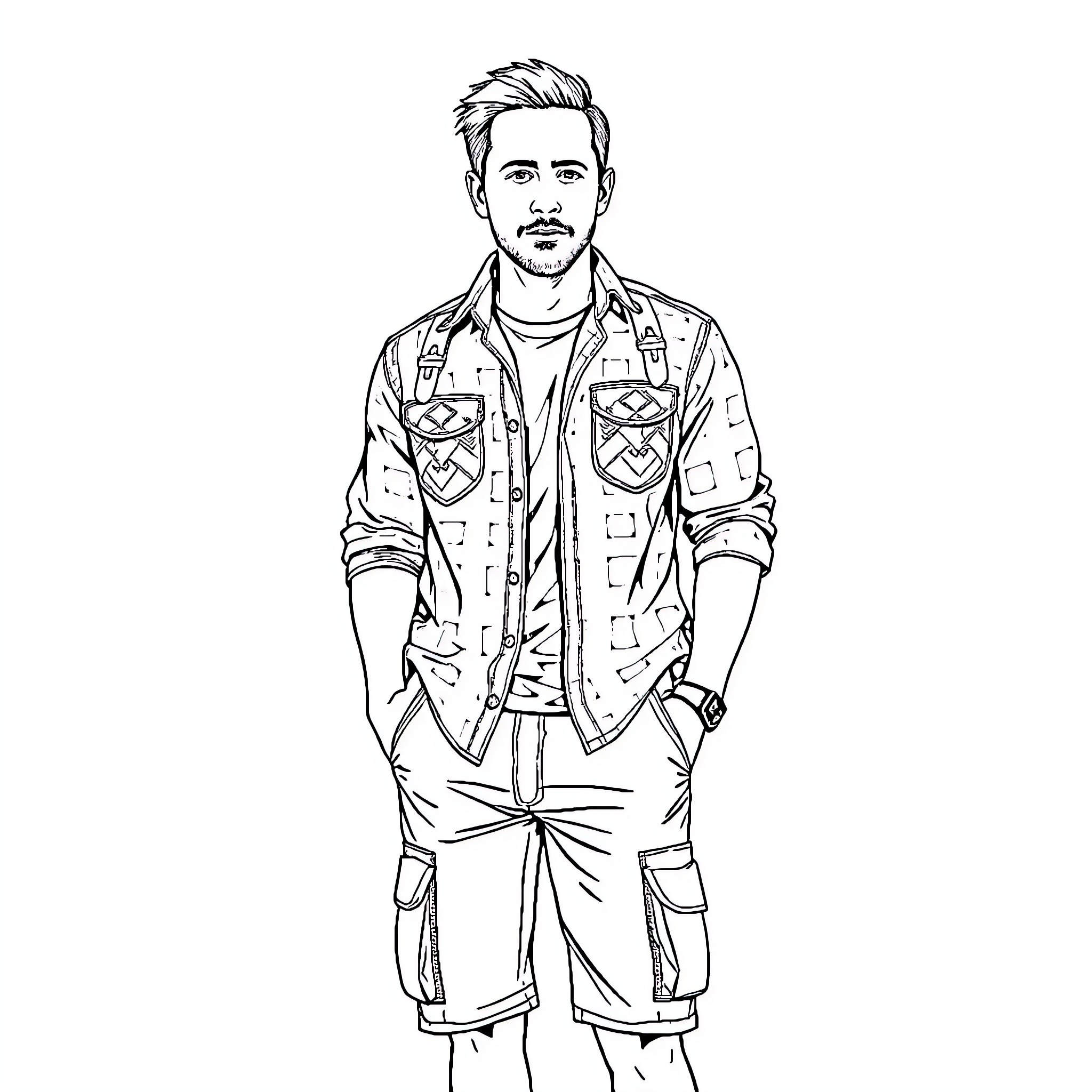 Ryan Gosling in casual and rugged outfit Coloring Page (free black-and-white line drawing printable PDF for all, from beginners to advanced learners, including children, teens, adults, and seniors)