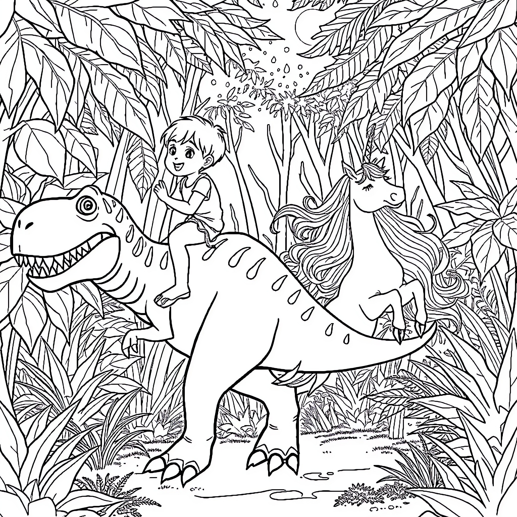 Dinosaur Riding Adventure with Mythical Creature Coloring Page (free black-and-white line drawing printable PDF for all, from beginners to advanced learners, including children, teens, adults, and seniors)