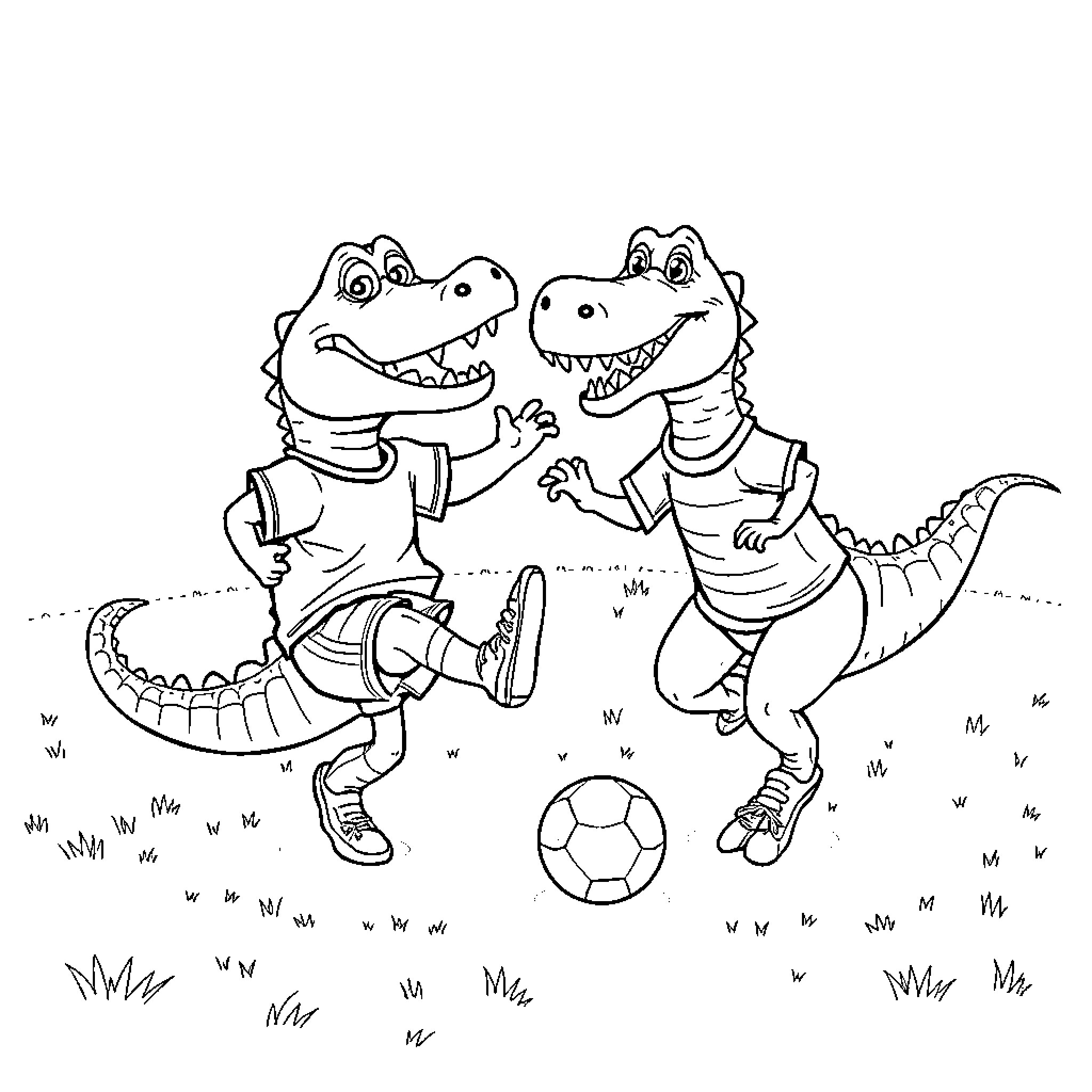 Alligators playing soccer together on grass Coloring Page (free black-and-white line drawing printable PDF for all, from beginners to advanced learners, including children, teens, adults, and seniors)