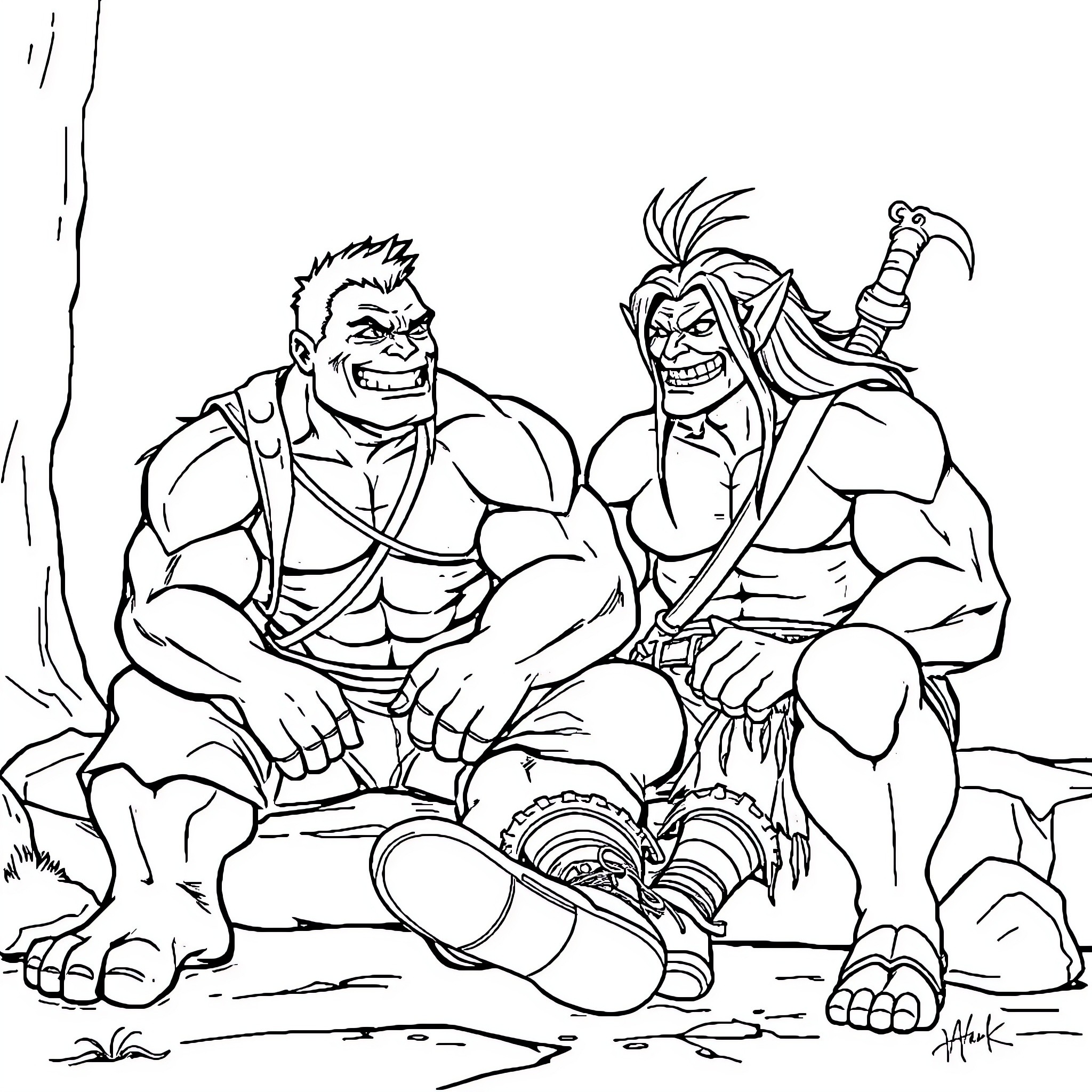 Hulk and Joker-like Character in Intense Battle Coloring Page (free black-and-white line drawing printable PDF for all, from beginners to advanced learners, including children, teens, adults, and seniors)
