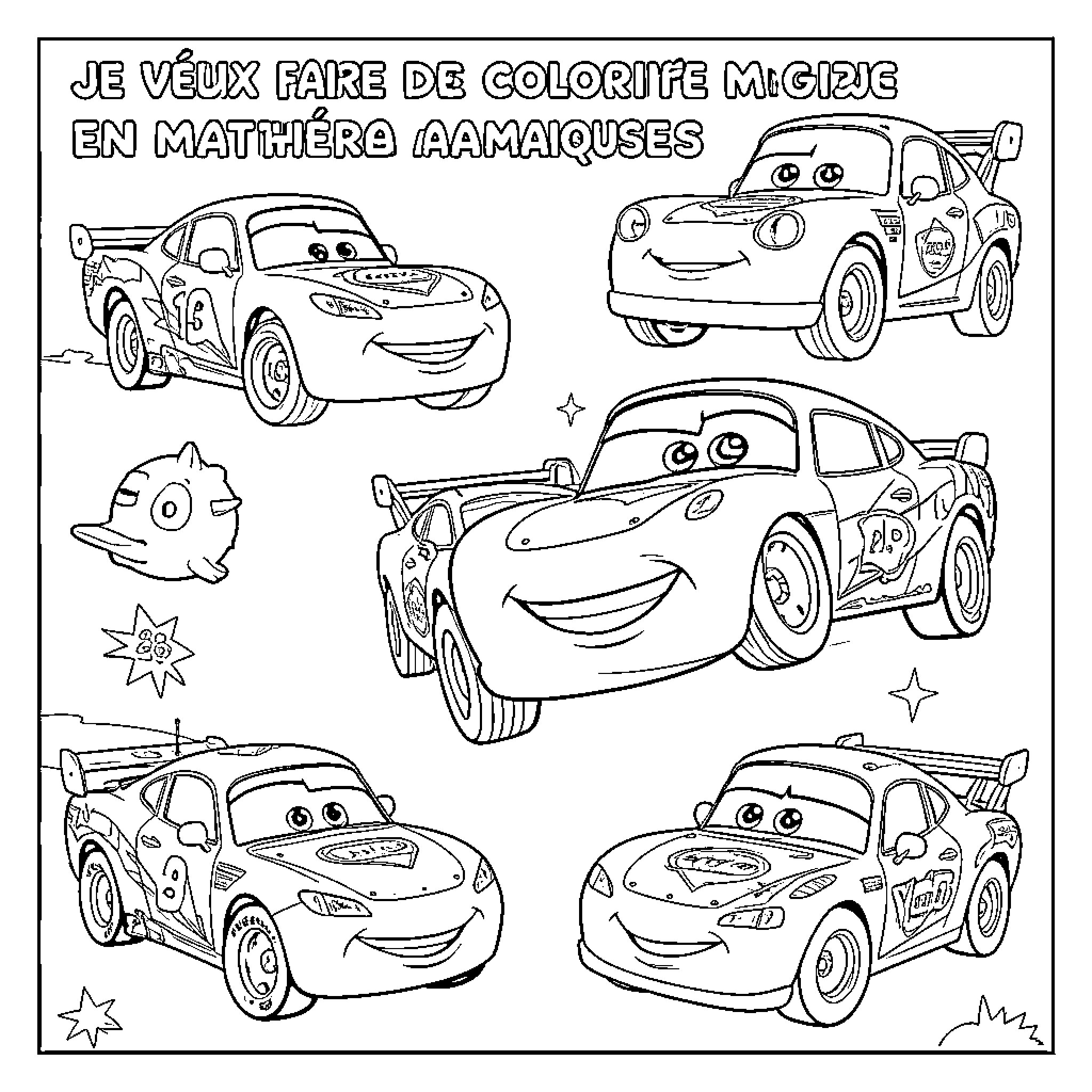 Car characters smiling with joyful expressions Coloring Page (free black-and-white line drawing printable PDF for all, from beginners to advanced learners, including children, teens, adults, and seniors)