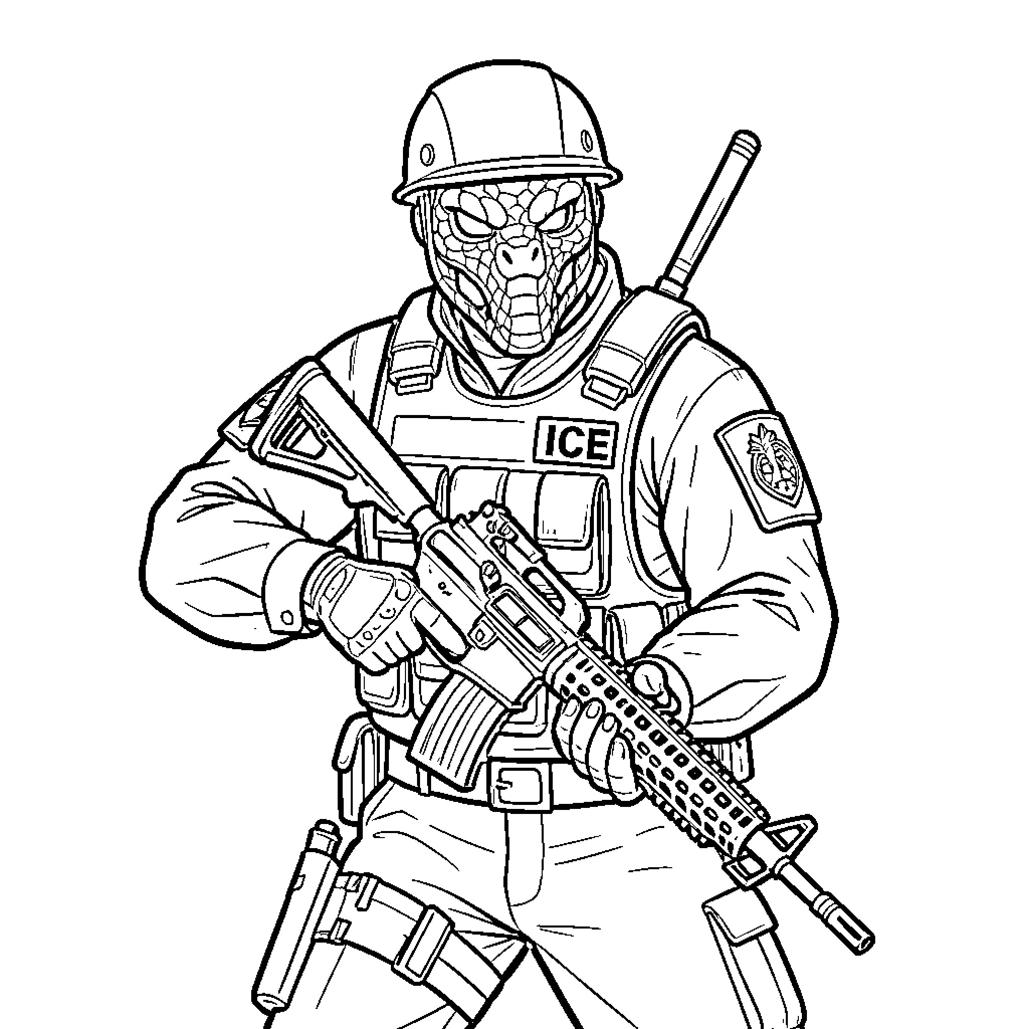 Snake soldier holding a rifle in combat gear Coloring Page (free black-and-white line drawing printable PDF for all, from beginners to advanced learners, including children, teens, adults, and seniors)