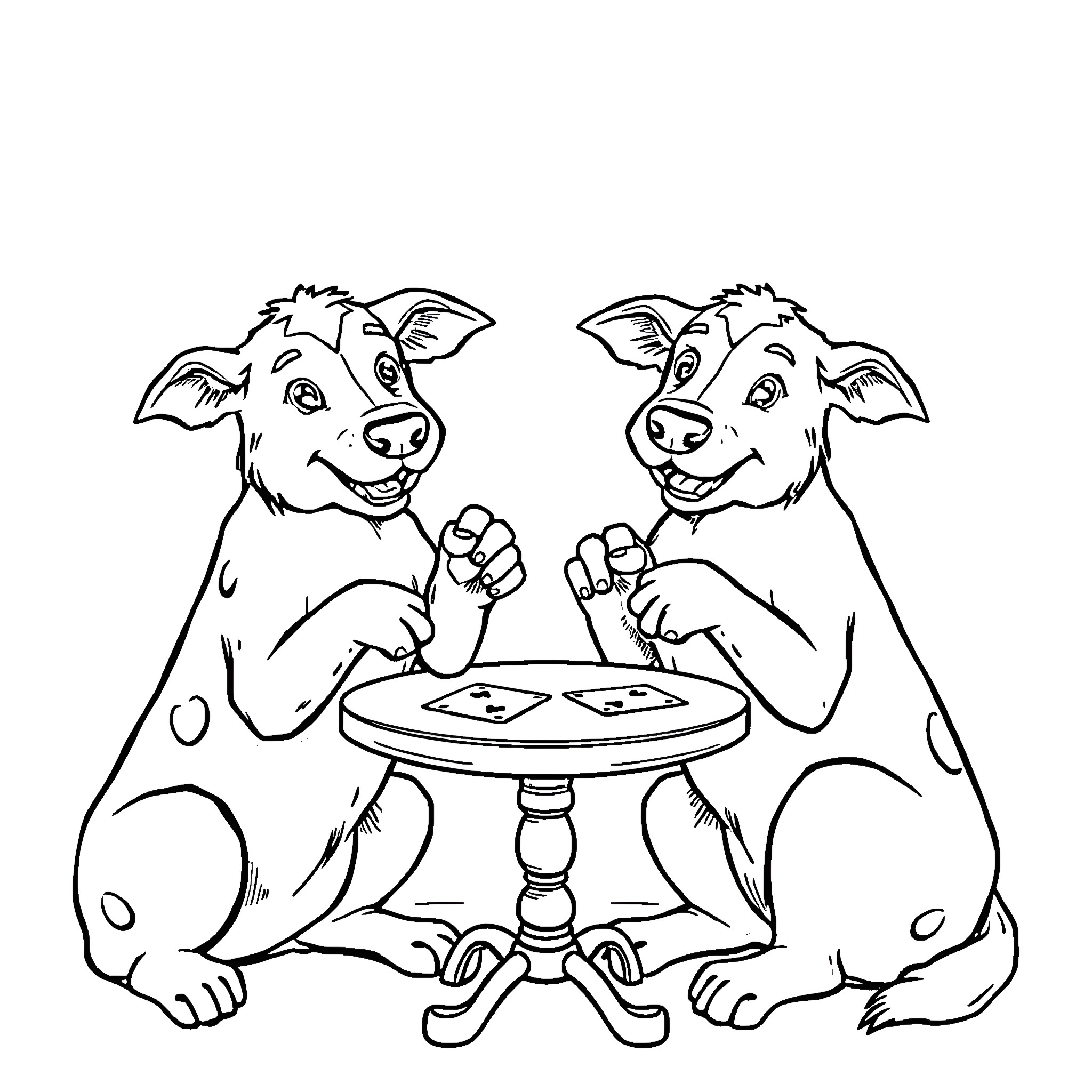 Cattle Dog Friends Enjoying a Game Together Coloring Page (free black-and-white line drawing printable PDF for all, from beginners to advanced learners, including children, teens, adults, and seniors)