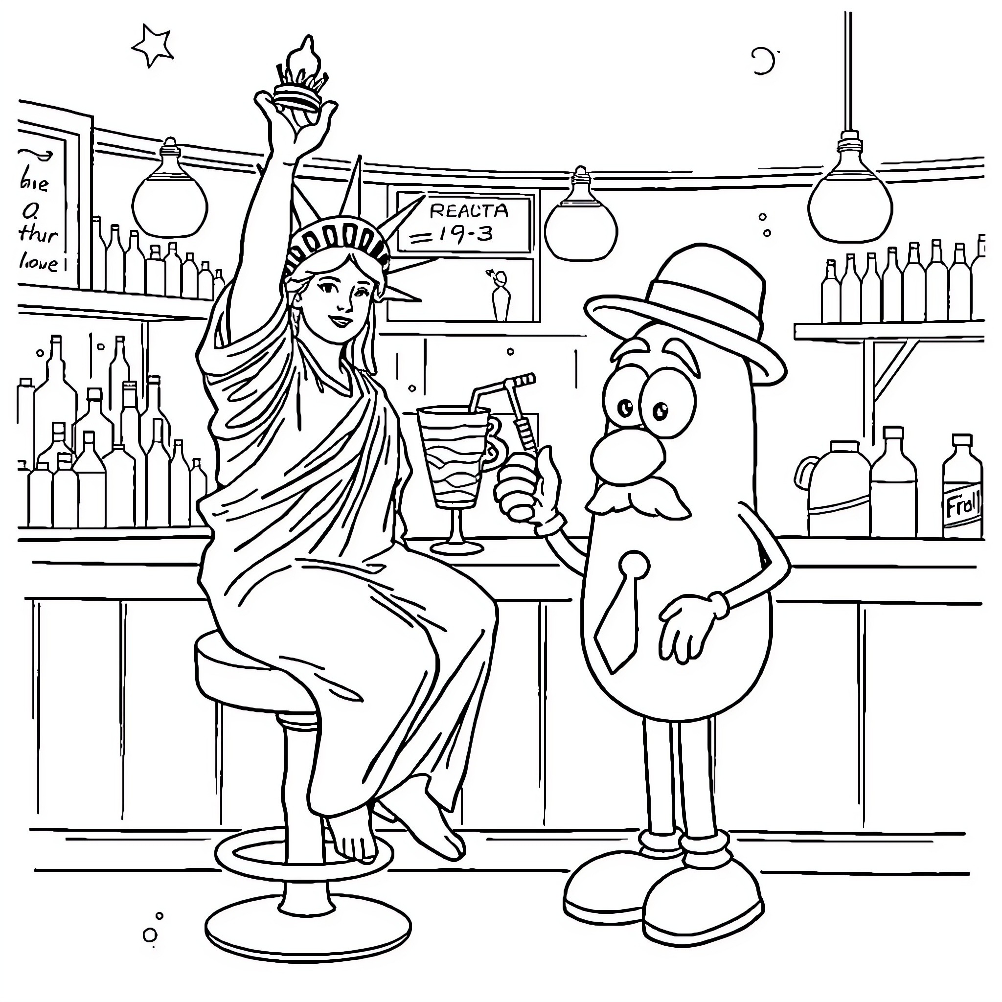 Statue Of Liberty relaxing at a lively bar Coloring Page (free black-and-white line drawing printable PDF for all, from beginners to advanced learners, including children, teens, adults, and seniors)