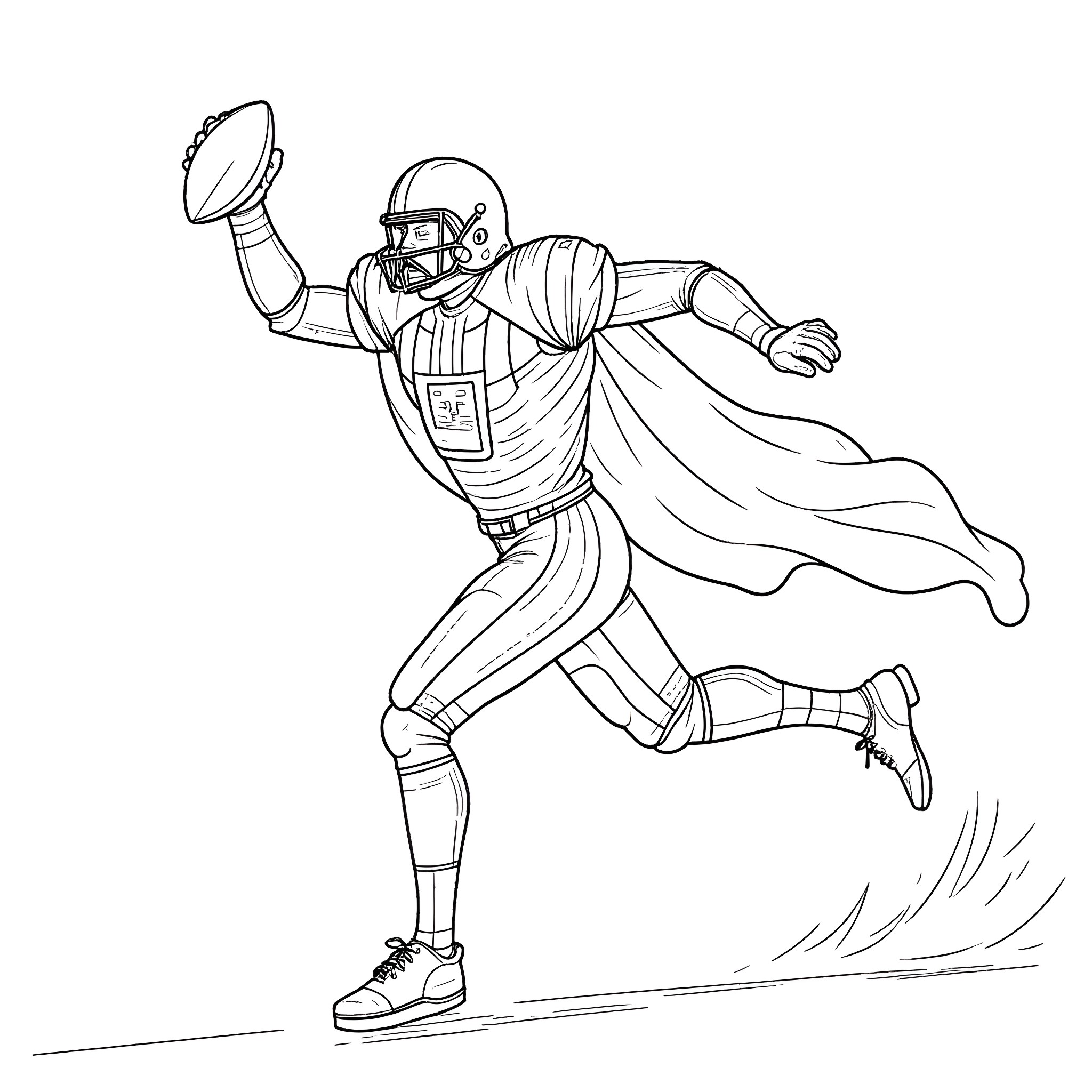 Darth Vader Football Player Scoring a Touchdown Coloring Page (free black-and-white line drawing printable PDF for all, from beginners to advanced learners, including children, teens, adults, and seniors)