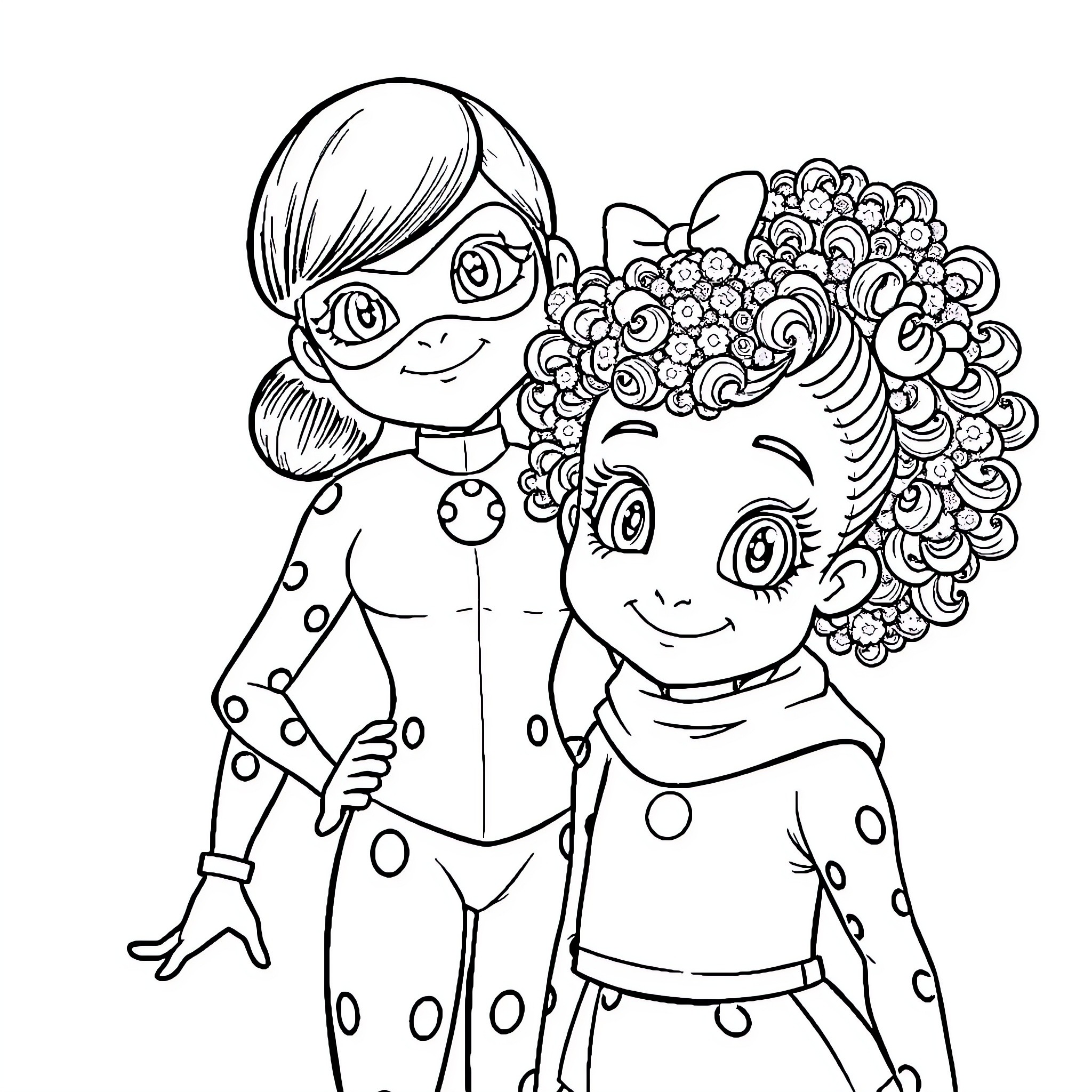 Ladybug friends in playful poses Coloring Page (free black-and-white line drawing printable PDF for all, from beginners to advanced learners, including children, teens, adults, and seniors)