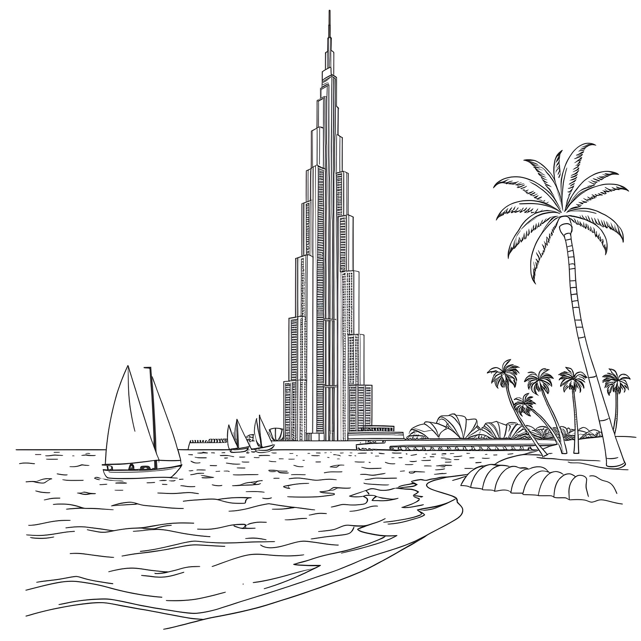 Burj Khalifa and Palm Trees in Scenic Coastal Setting Coloring Page (free black-and-white line drawing printable PDF for all, from beginners to advanced learners, including children, teens, adults, and seniors)
