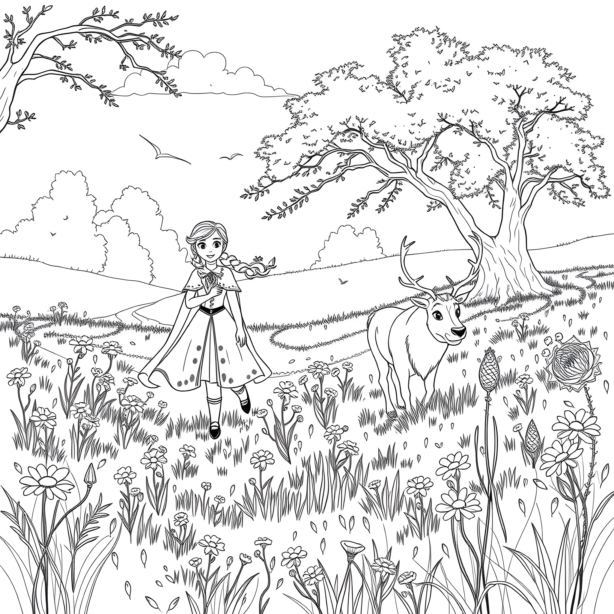 Anna's Enchanting Forest Adventure Coloring Page (free black-and-white line drawing printable PDF for all, from beginners to advanced learners, including children, teens, adults, and seniors)