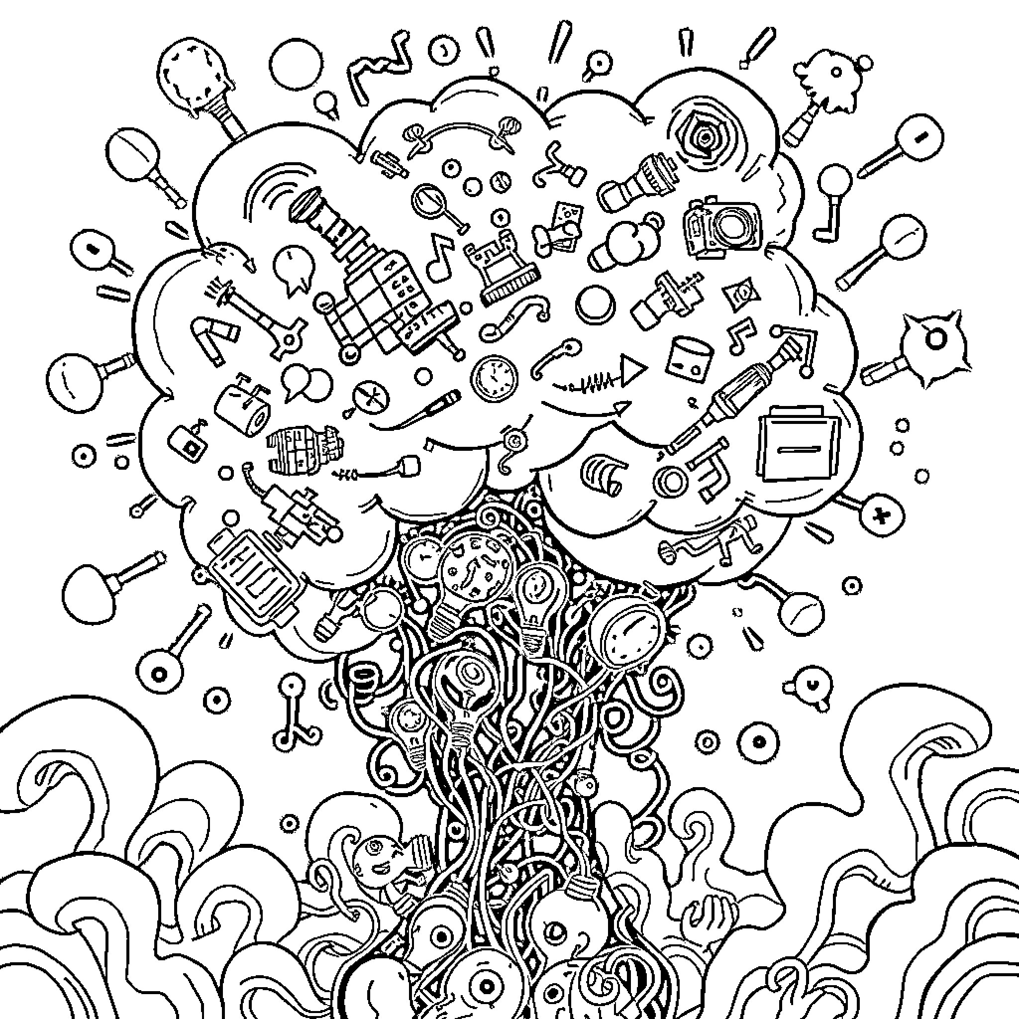 Brainrot Explosion of Surreal Abstract Imagination Coloring Page (free black-and-white line drawing printable PDF for all, from beginners to advanced learners, including children, teens, adults, and seniors)