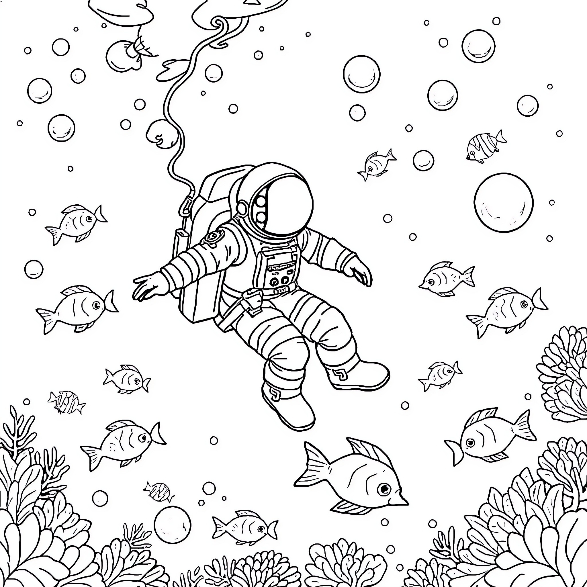 Astronaut exploring underwater marine life Coloring Page (free black-and-white line drawing printable PDF for all, from beginners to advanced learners, including children, teens, adults, and seniors)