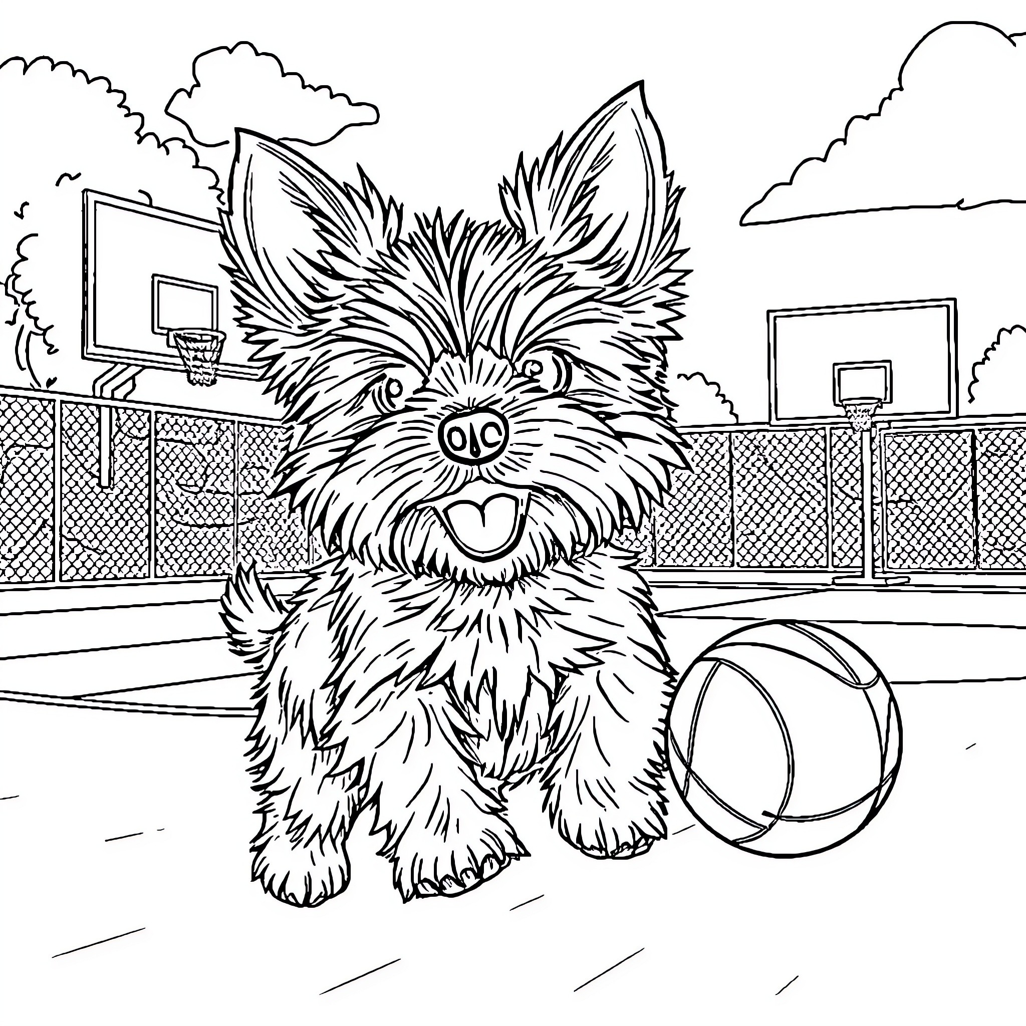 Yorkie playing joyfully with basketball on court Coloring Page (free black-and-white line drawing printable PDF for all, from beginners to advanced learners, including children, teens, adults, and seniors)