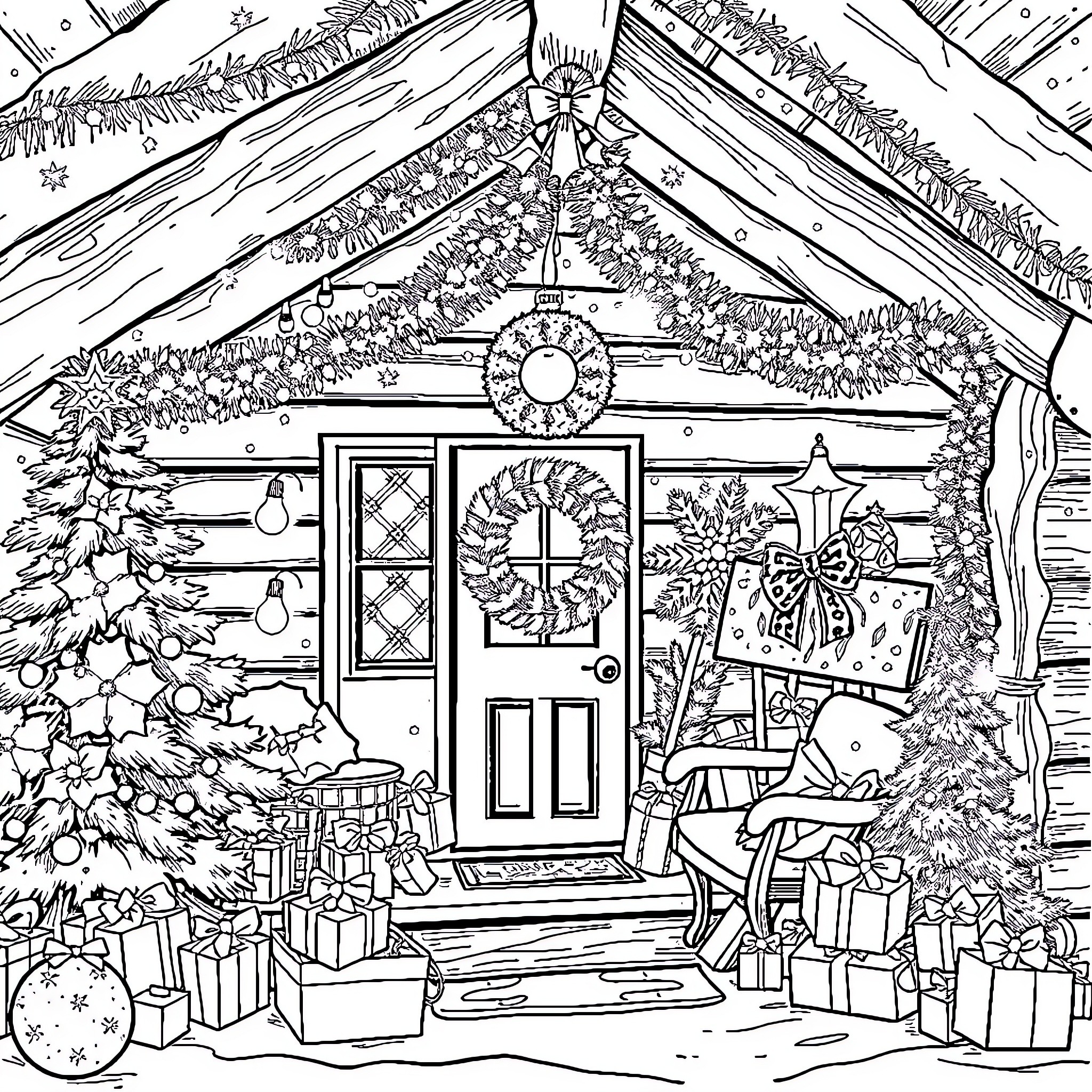 Cabin decorated for festive celebration Coloring Page (free black-and-white line drawing printable PDF for all, from beginners to advanced learners, including children, teens, adults, and seniors)