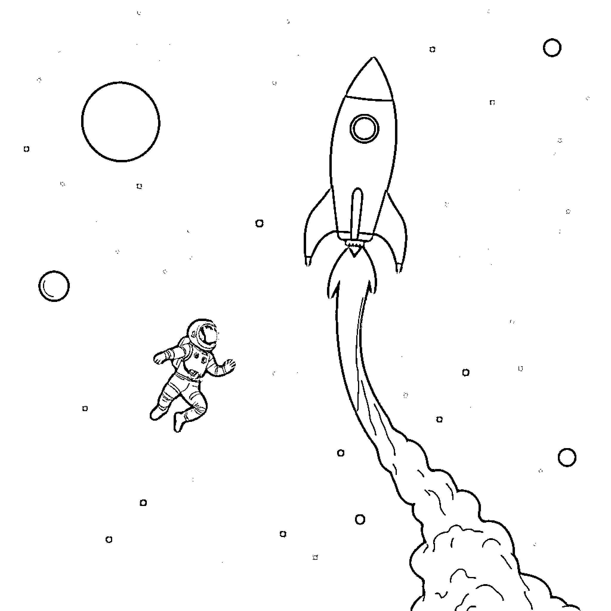 Rocket launching with astronaut in space Coloring Page (free black-and-white line drawing printable PDF for all, from beginners to advanced learners, including children, teens, adults, and seniors)