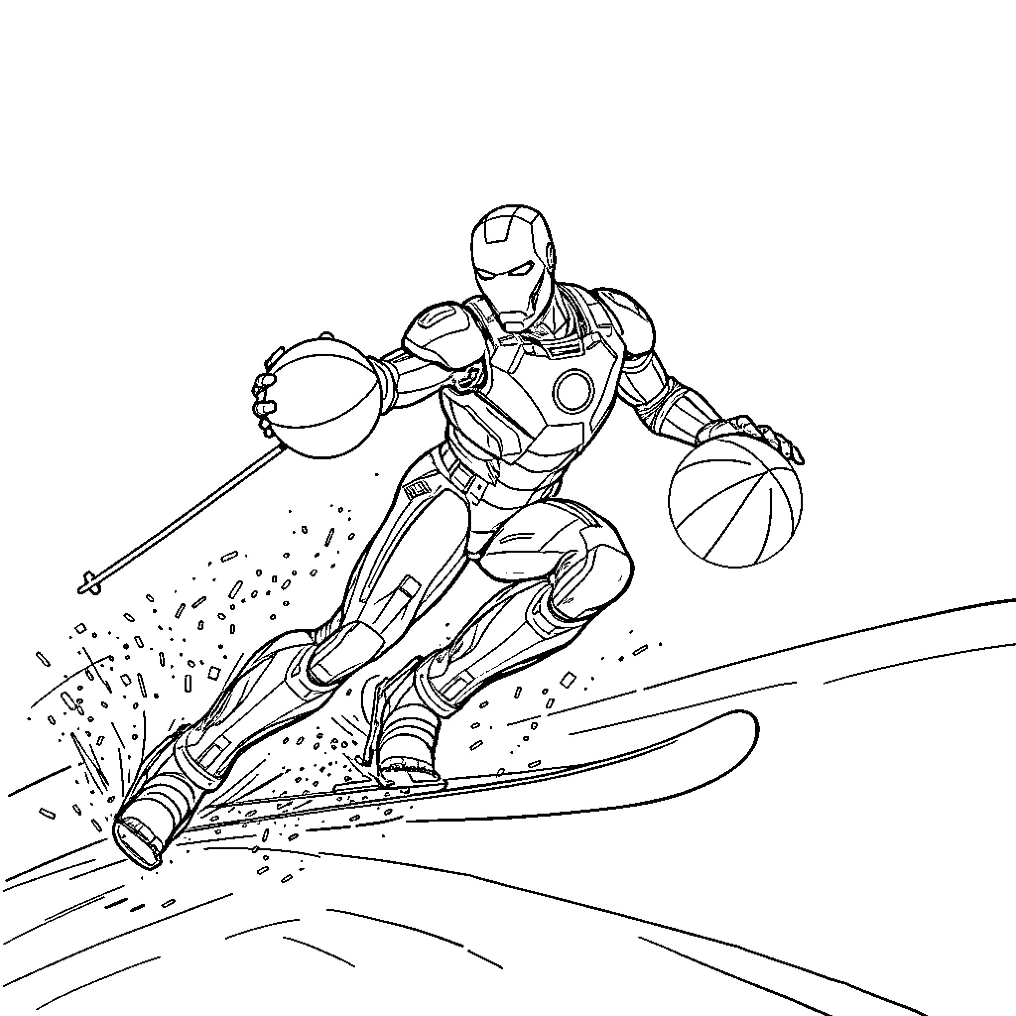 Ironman Skiing Down Slope with Basketball Coloring Page (free black-and-white line drawing printable PDF for all, from beginners to advanced learners, including children, teens, adults, and seniors)