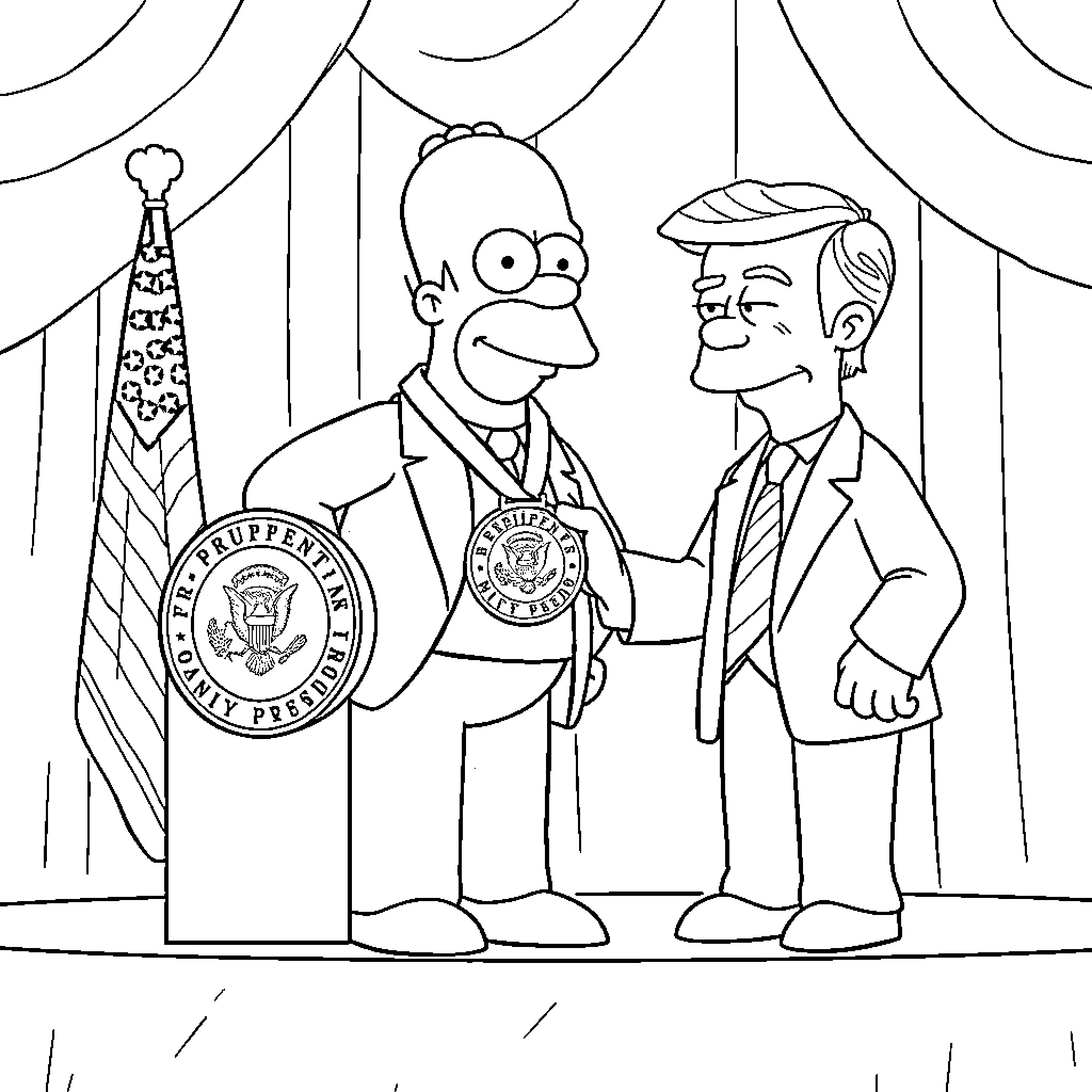 Homer Simpson meets government official in formal attire Coloring Page (free black-and-white line drawing printable PDF for all, from beginners to advanced learners, including children, teens, adults, and seniors)