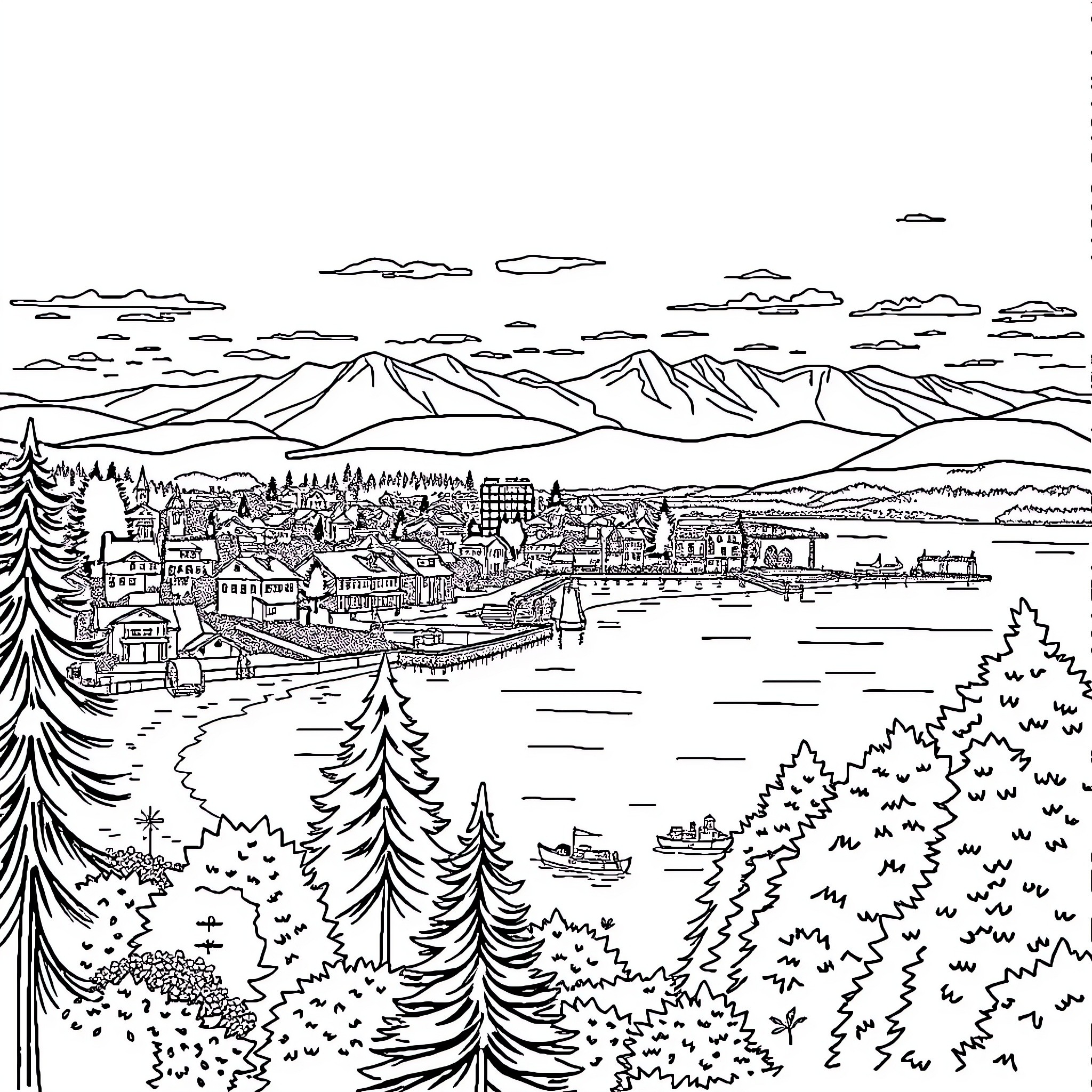 Bellingham city landscape with mountains and trees Coloring Page (free black-and-white line drawing printable PDF for all, from beginners to advanced learners, including children, teens, adults, and seniors)