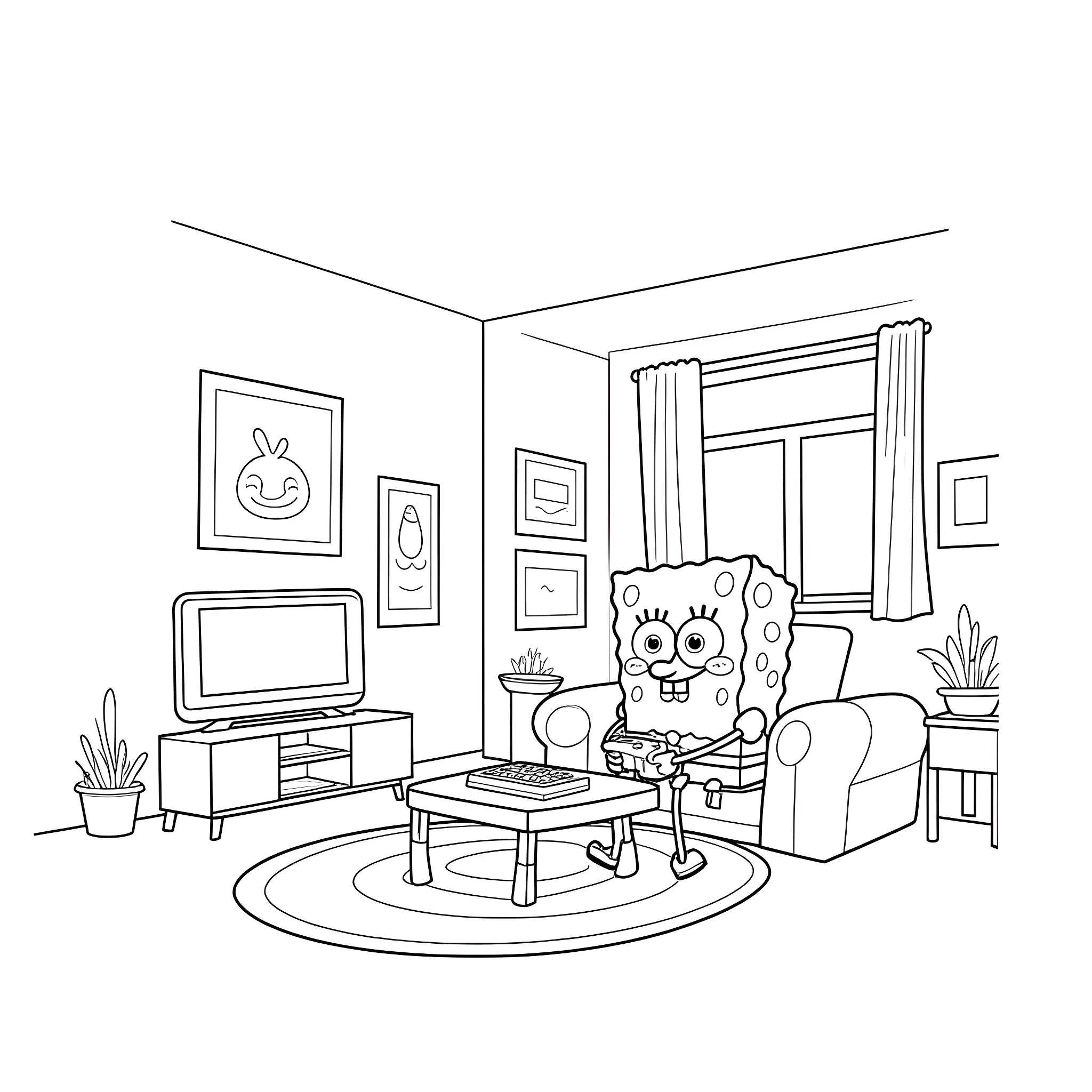 Spongebob relaxing in the living room Coloring Page (free black-and-white line drawing printable PDF for all, from beginners to advanced learners, including children, teens, adults, and seniors)