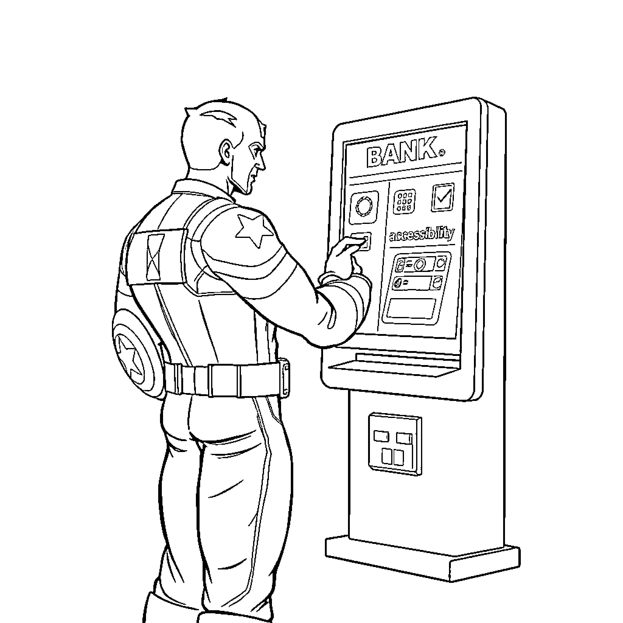Captain America Withdrawing Money from Bank ATM Coloring Page (free black-and-white line drawing printable PDF for all, from beginners to advanced learners, including children, teens, adults, and seniors)