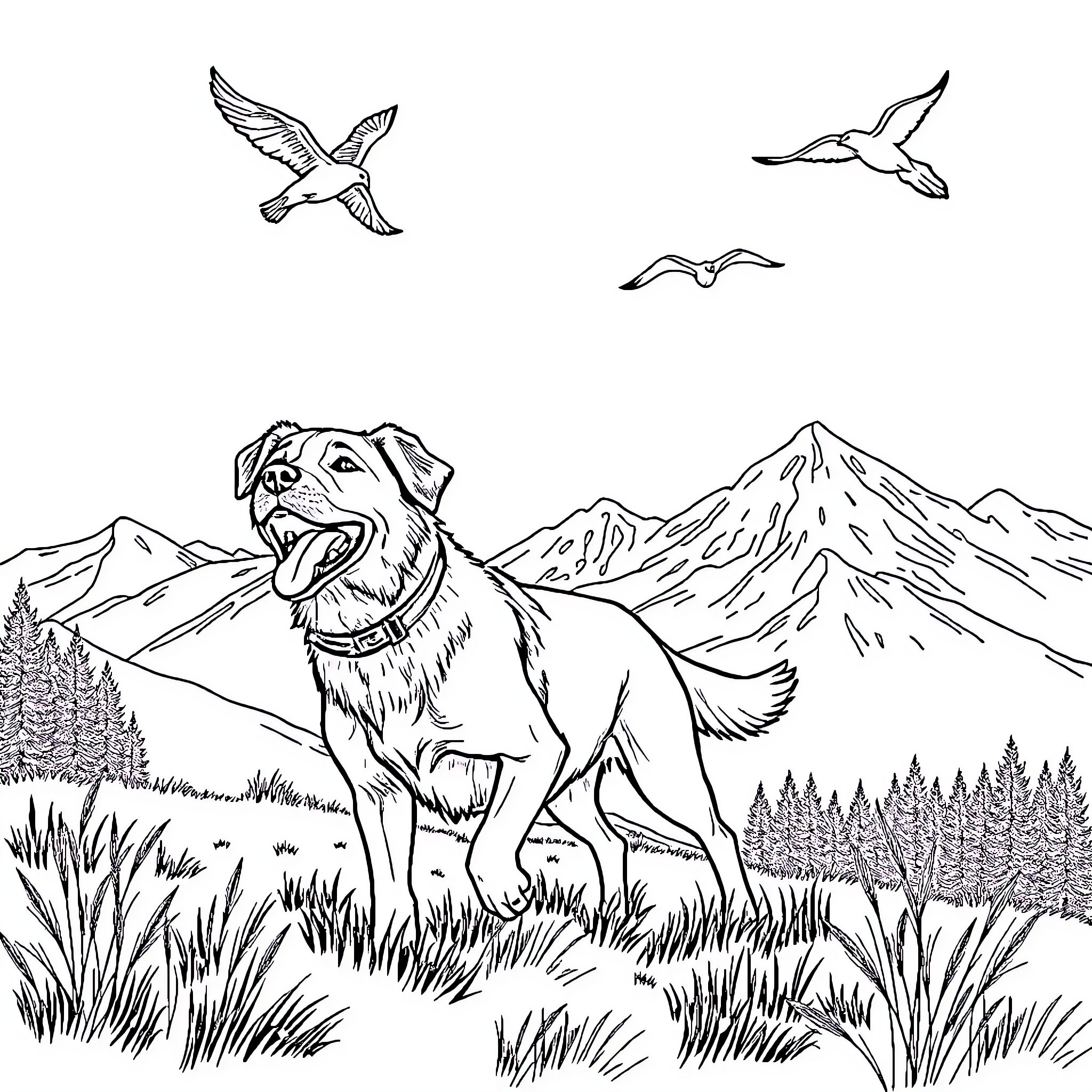 Dog enjoying the great outdoors with flying birds Coloring Page (free black-and-white line drawing printable PDF for all, from beginners to advanced learners, including children, teens, adults, and seniors)