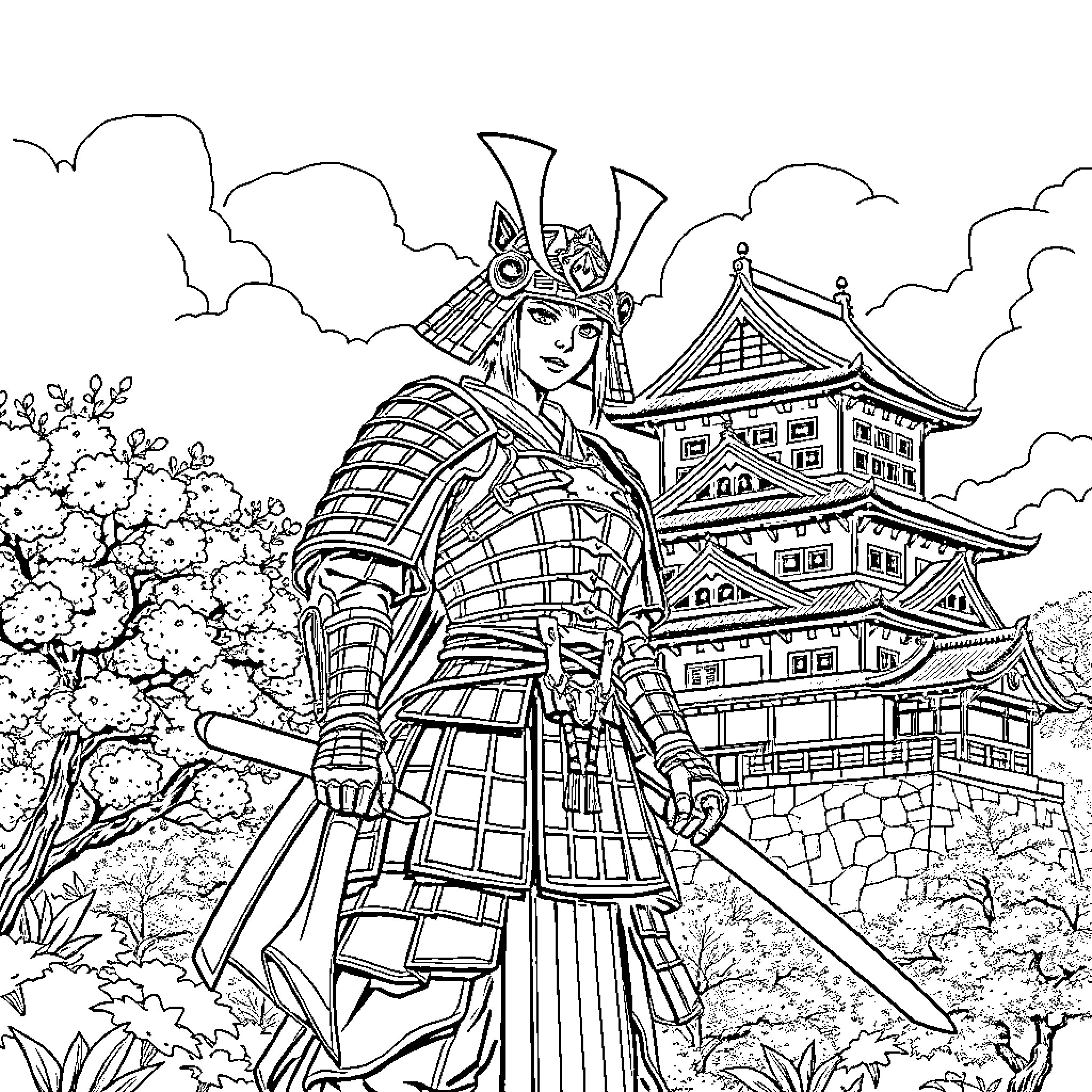 Samurai Warrior Guarding Ancient Japanese Palace Coloring Page (free black-and-white line drawing printable PDF for all, from beginners to advanced learners, including children, teens, adults, and seniors)