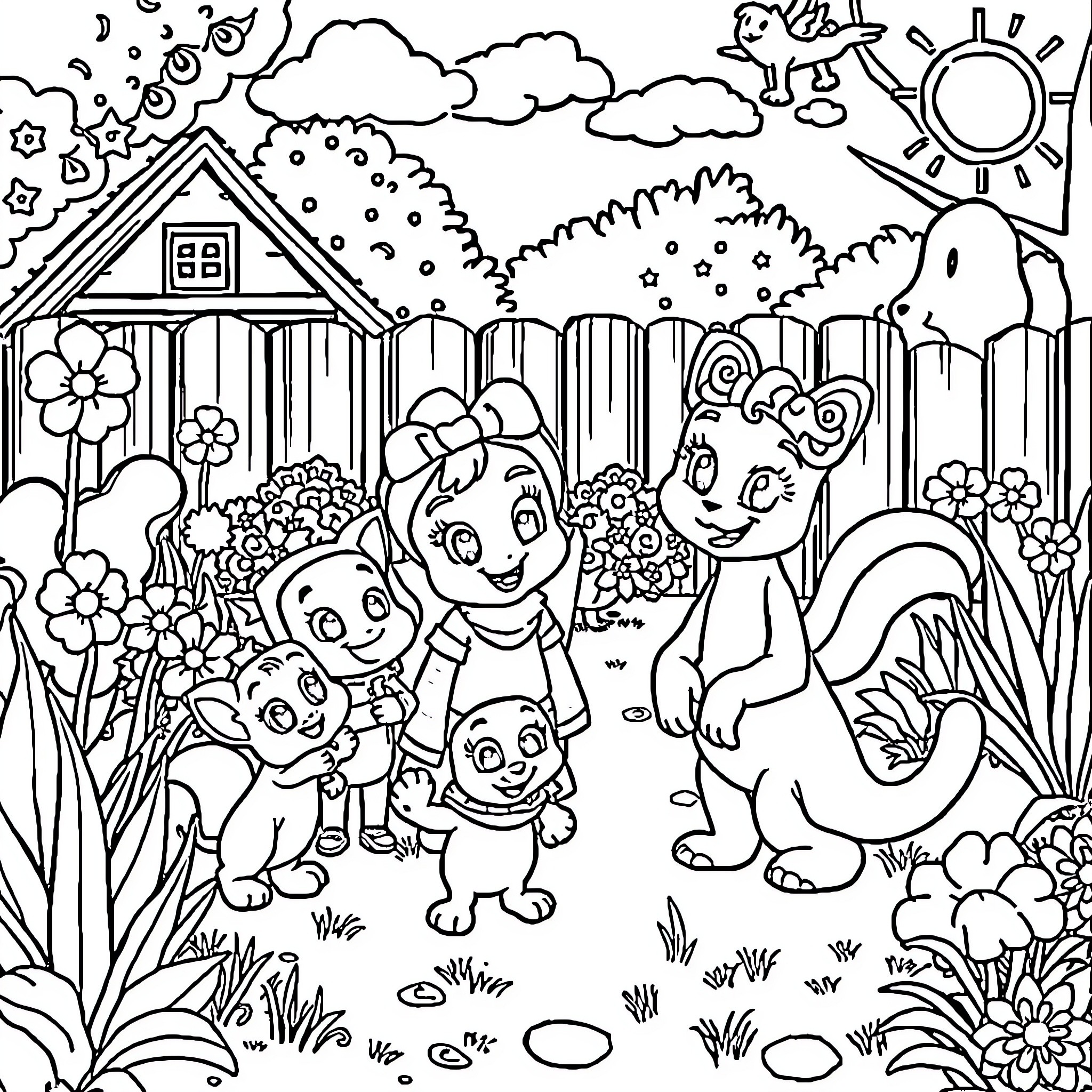 Bluey's Friendly Family Outing in the Garden Coloring Page (free black-and-white line drawing printable PDF for all, from beginners to advanced learners, including children, teens, adults, and seniors)