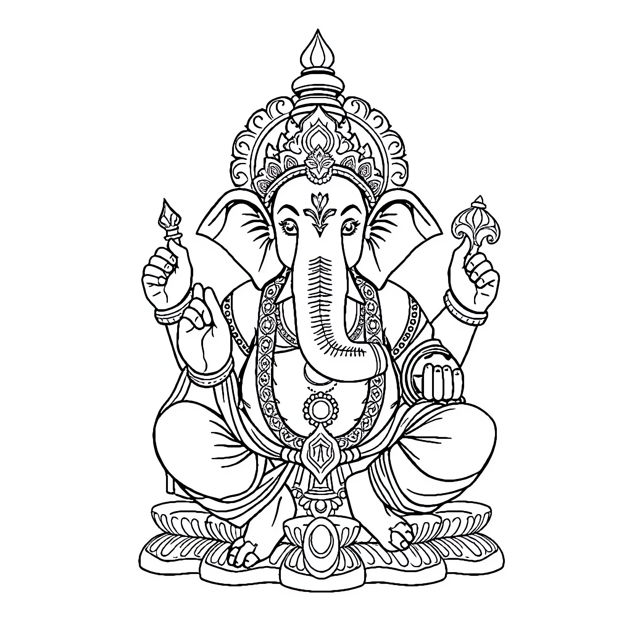 Ganpati deity in intricate ornamental attire Coloring Page (free black-and-white line drawing printable PDF for all, from beginners to advanced learners, including children, teens, adults, and seniors)
