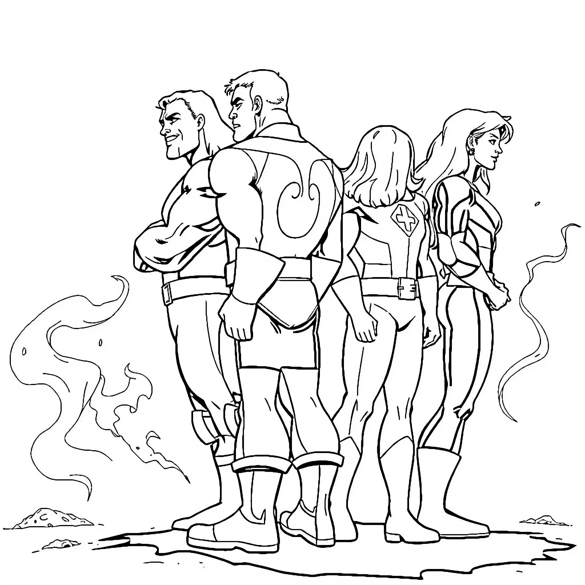 Fantastic Four Superheroes in Action Poses Coloring Page (free black-and-white line drawing printable PDF for all, from beginners to advanced learners, including children, teens, adults, and seniors)