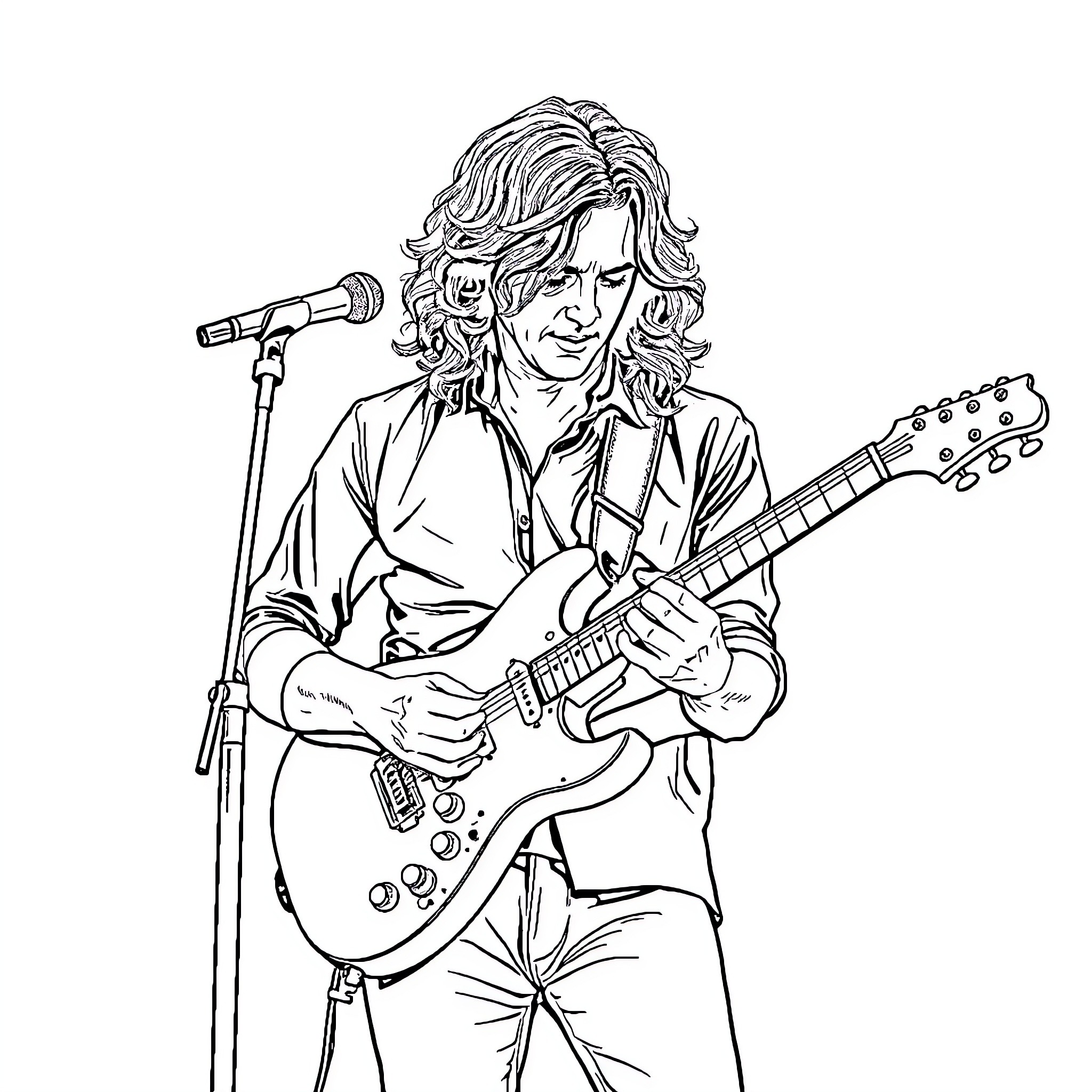 Jeff Buckley performing on stage with guitar Coloring Page (free black-and-white line drawing printable PDF for all, from beginners to advanced learners, including children, teens, adults, and seniors)