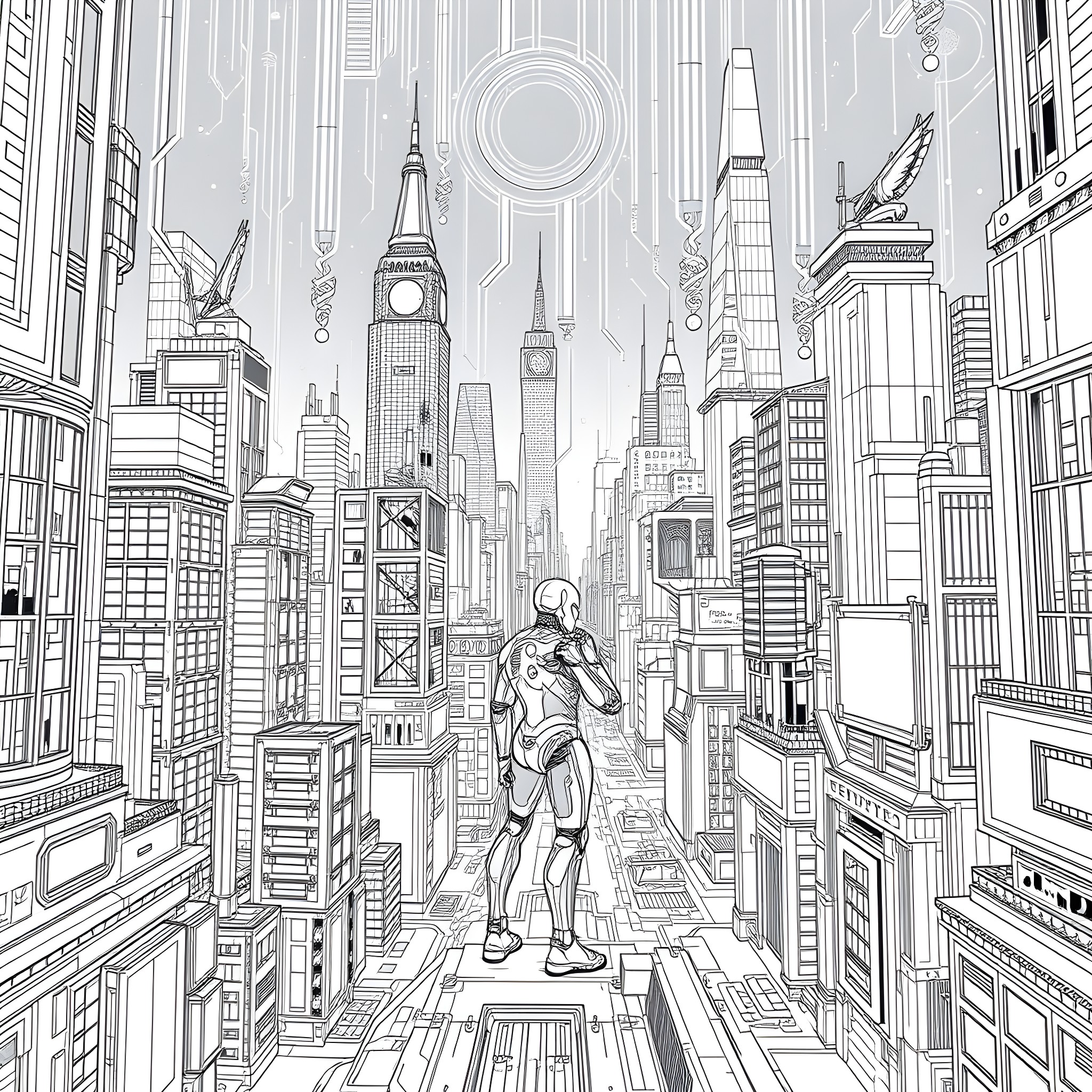 Ghost of a futuristic cityscape Coloring Page (free black-and-white line drawing printable PDF for all, from beginners to advanced learners, including children, teens, adults, and seniors)