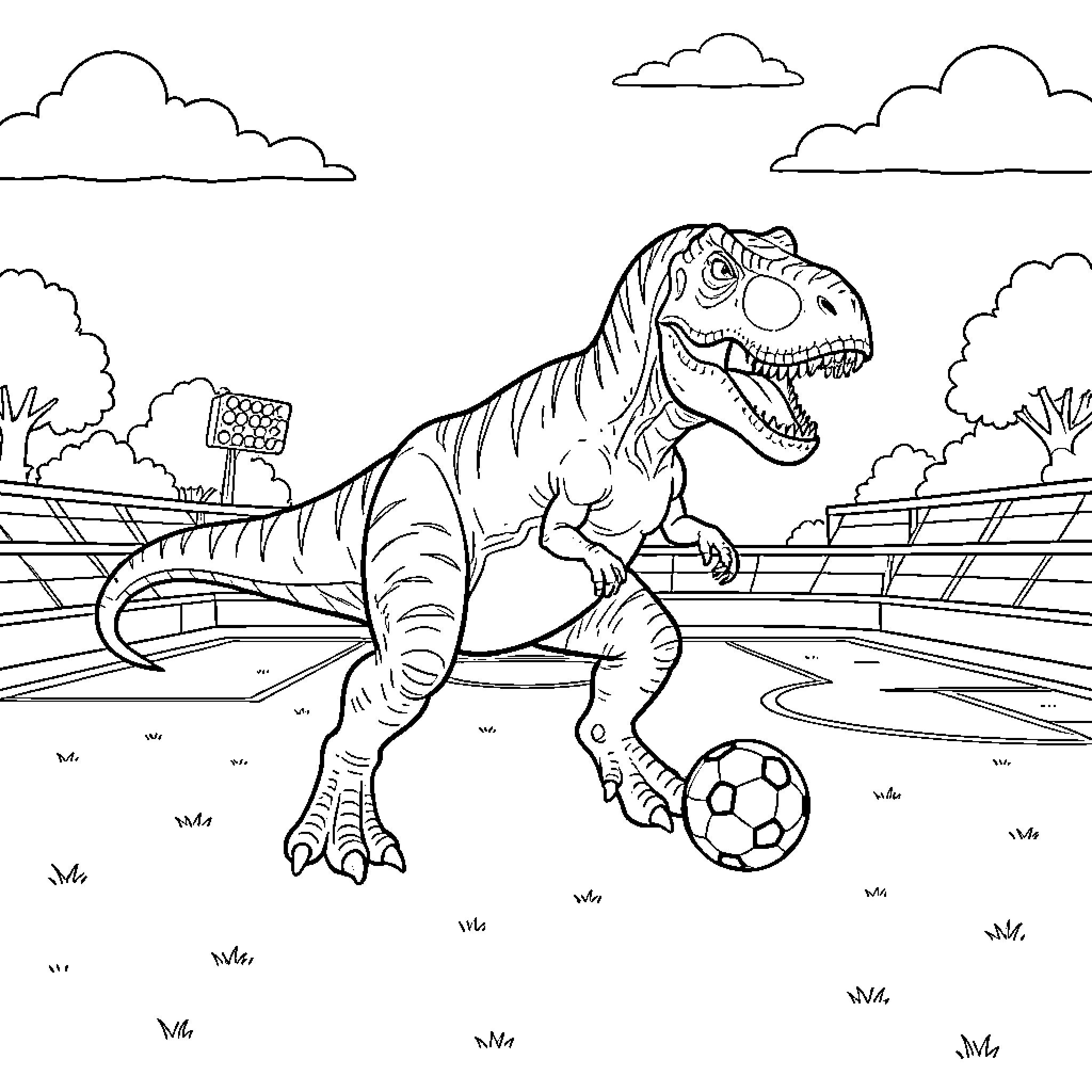 Tyrannosaurus playing soccer in a large stadium Coloring Page (free black-and-white line drawing printable PDF for all, from beginners to advanced learners, including children, teens, adults, and seniors)