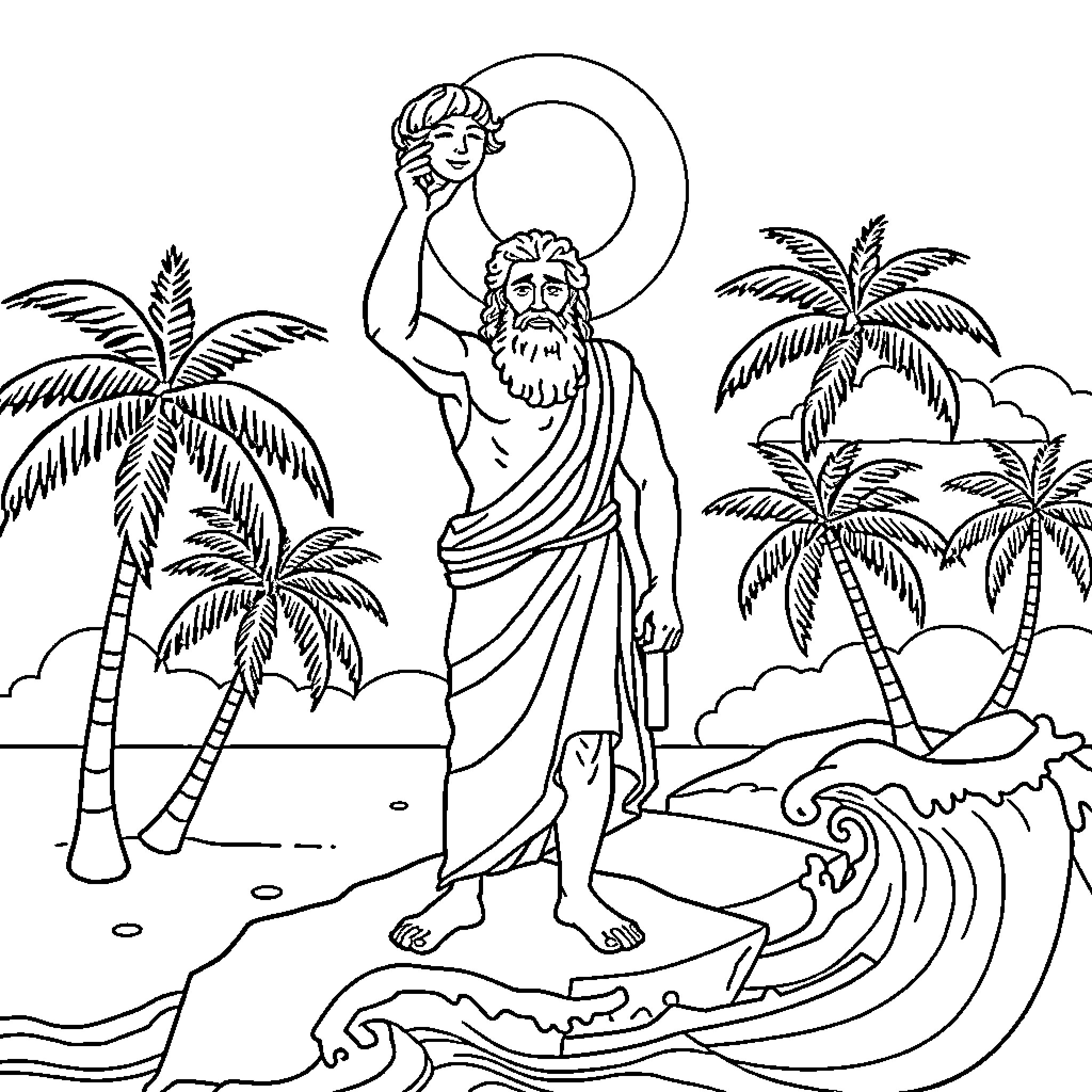 Aesop's Tale of the Sea God and the Maiden Coloring Page (free black-and-white line drawing printable PDF for all, from beginners to advanced learners, including children, teens, adults, and seniors)