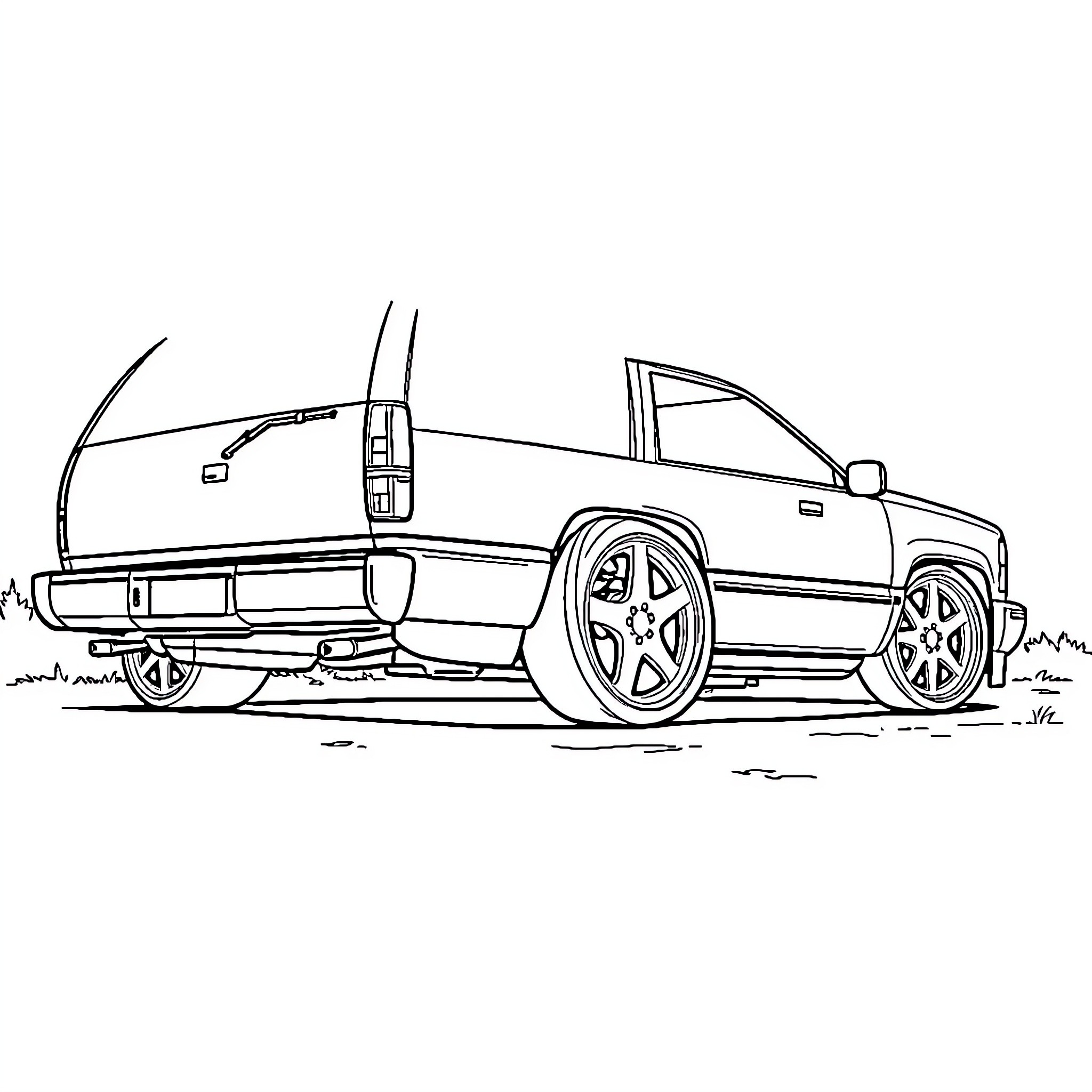 Tahoe truck with large wheels and tires Coloring Page (free black-and-white line drawing printable PDF for all, from beginners to advanced learners, including children, teens, adults, and seniors)
