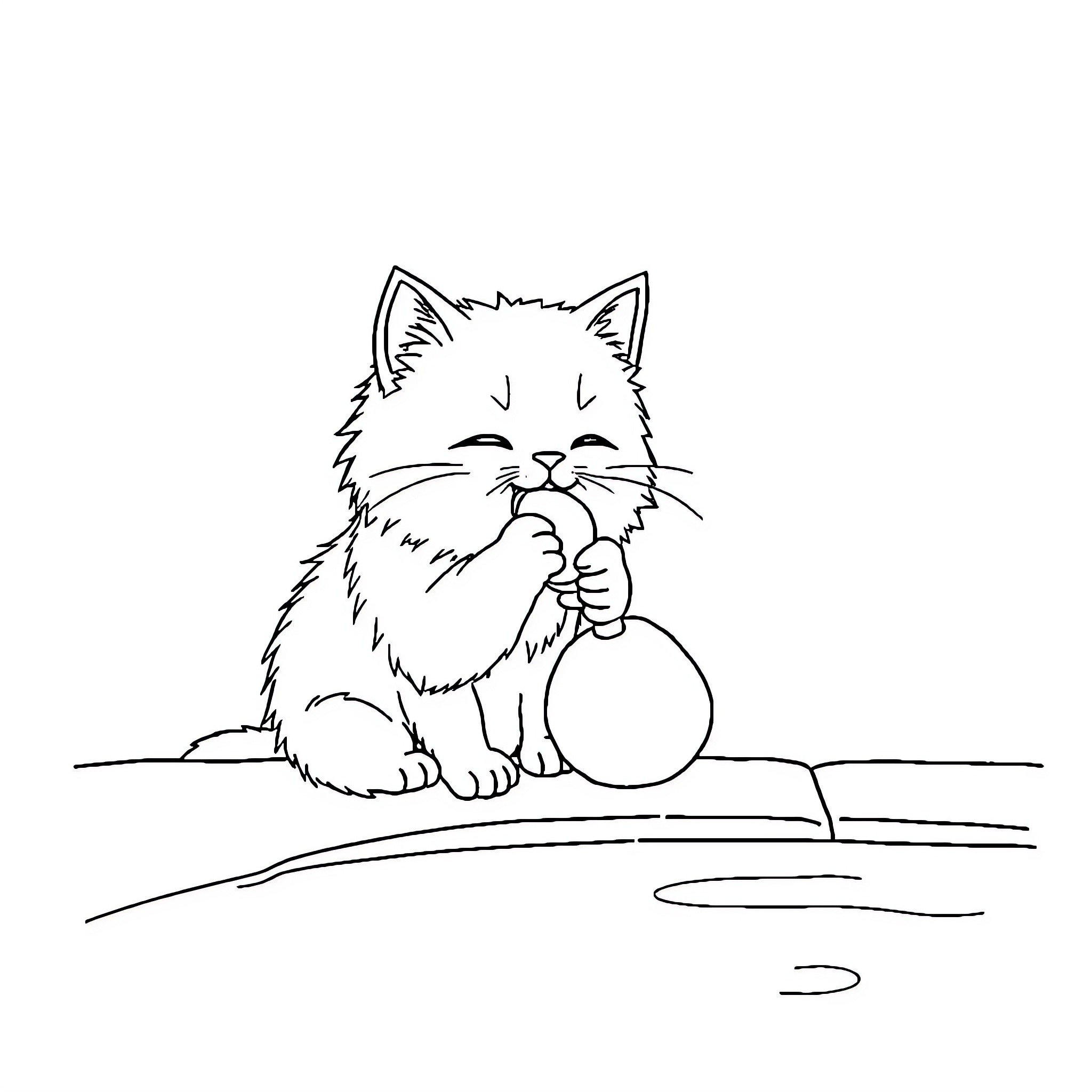 Cat playing with ornament ball Coloring Page (free black-and-white line drawing printable PDF for all, from beginners to advanced learners, including children, teens, adults, and seniors)