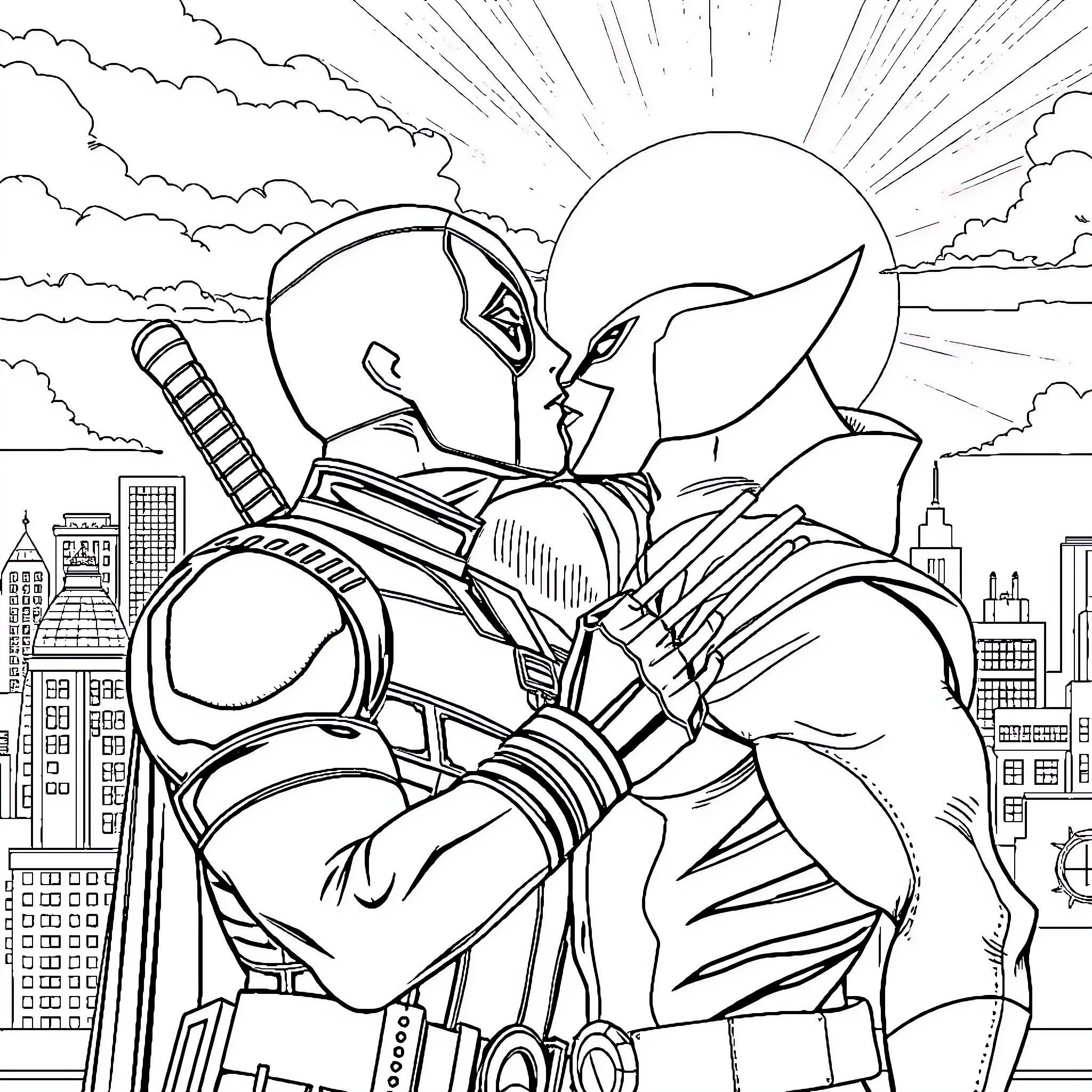 Deadpool in Action-Packed Superhero Pose Coloring Page (free black-and-white line drawing printable PDF for all, from beginners to advanced learners, including children, teens, adults, and seniors)