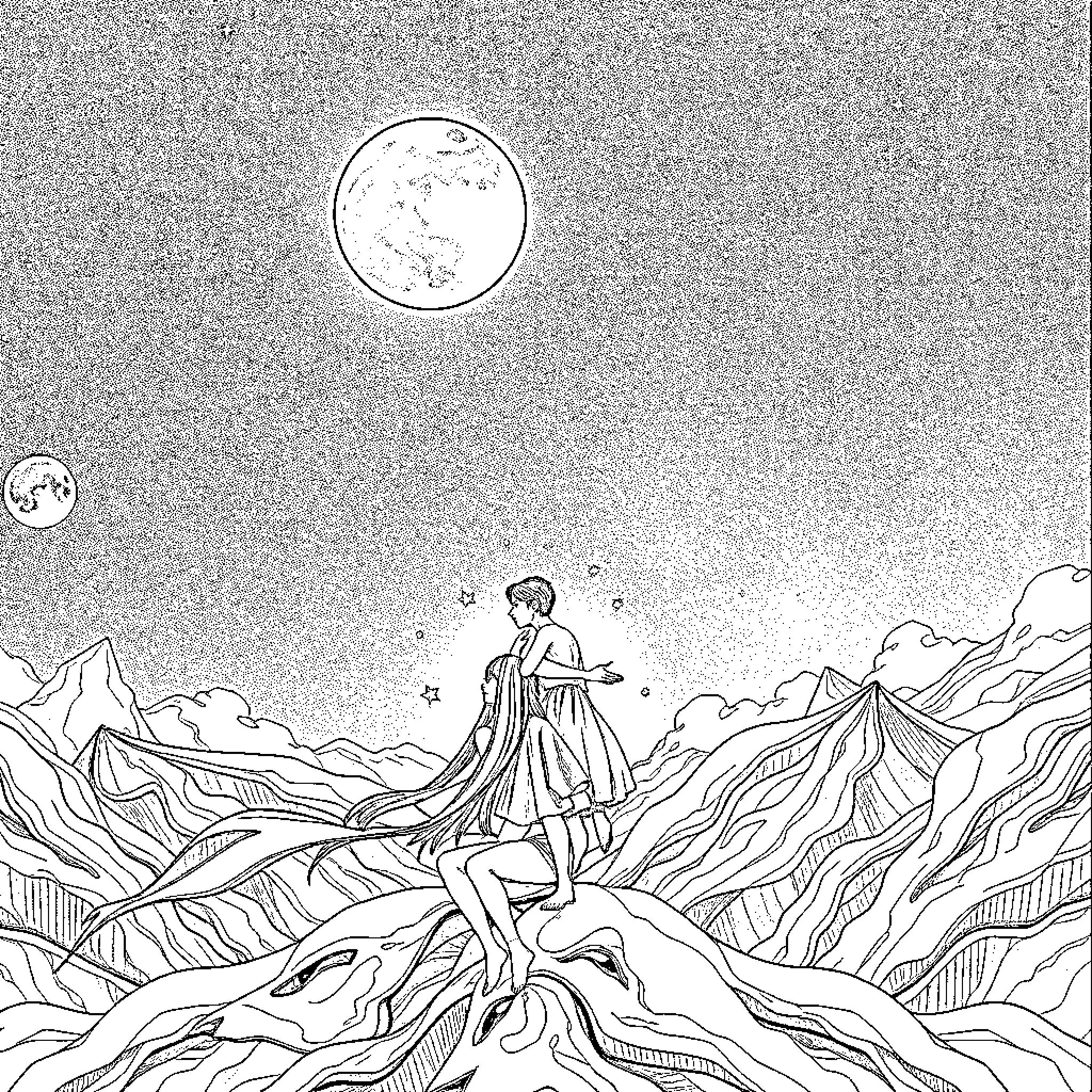 Lover's Moon Gaze in Ethereal Landscape Coloring Page (free black-and-white line drawing printable PDF for all, from beginners to advanced learners, including children, teens, adults, and seniors)