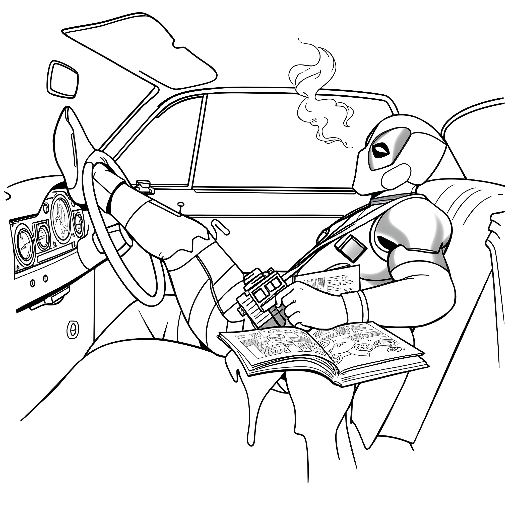 Deadpool Causing Chaos in His Car Coloring Page (free black-and-white line drawing printable PDF for all, from beginners to advanced learners, including children, teens, adults, and seniors)
