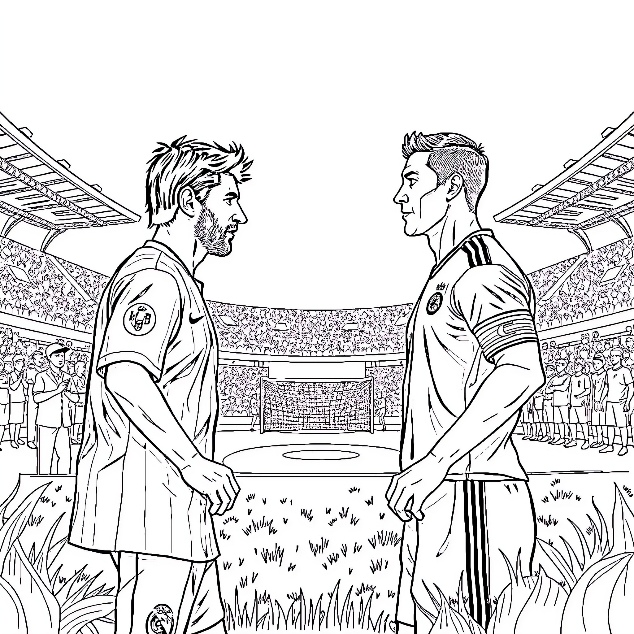 Messi and opponent players on football field Coloring Page (free black-and-white line drawing printable PDF for all, from beginners to advanced learners, including children, teens, adults, and seniors)