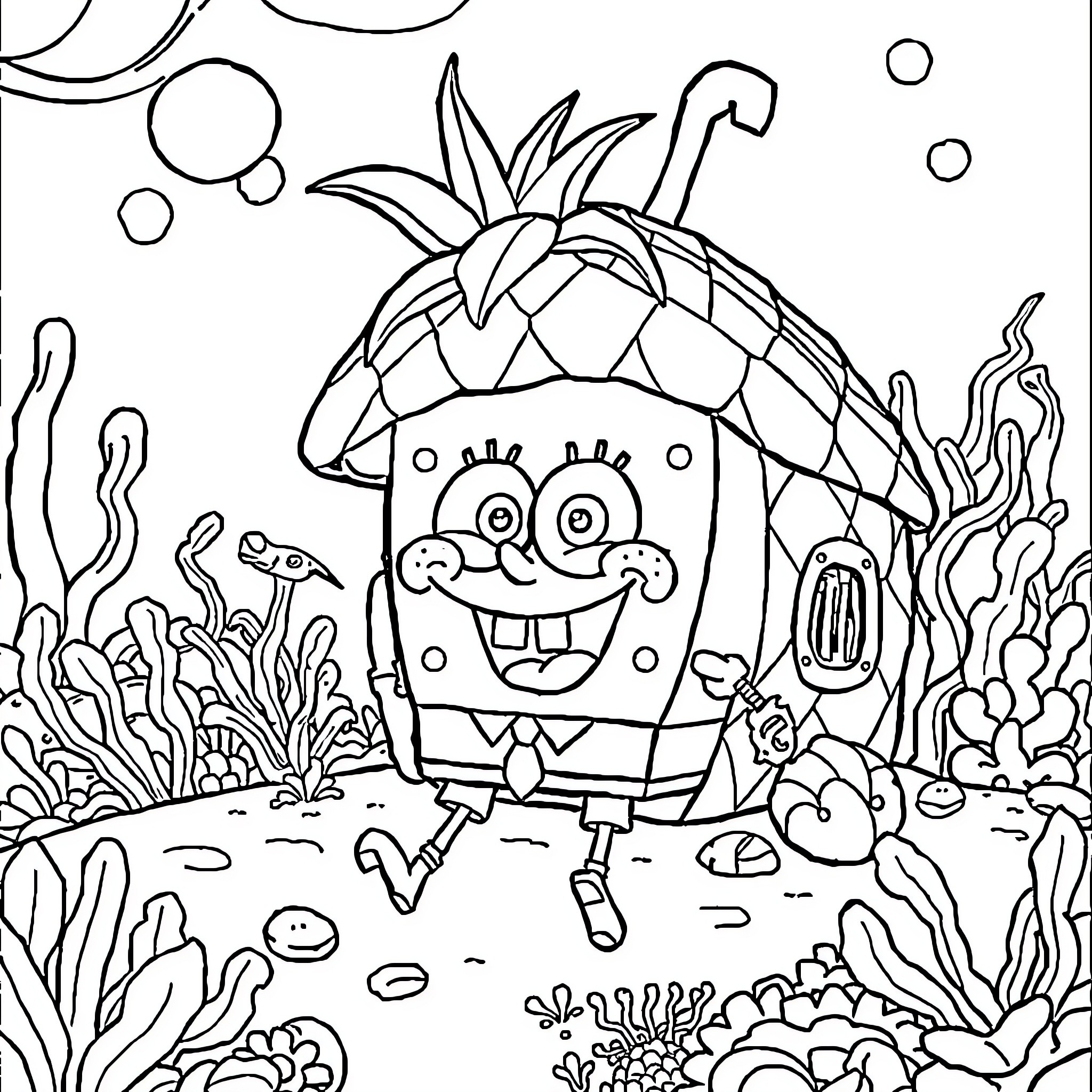 Spongebob exploring the underwater world Coloring Page (free black-and-white line drawing printable PDF for all, from beginners to advanced learners, including children, teens, adults, and seniors)