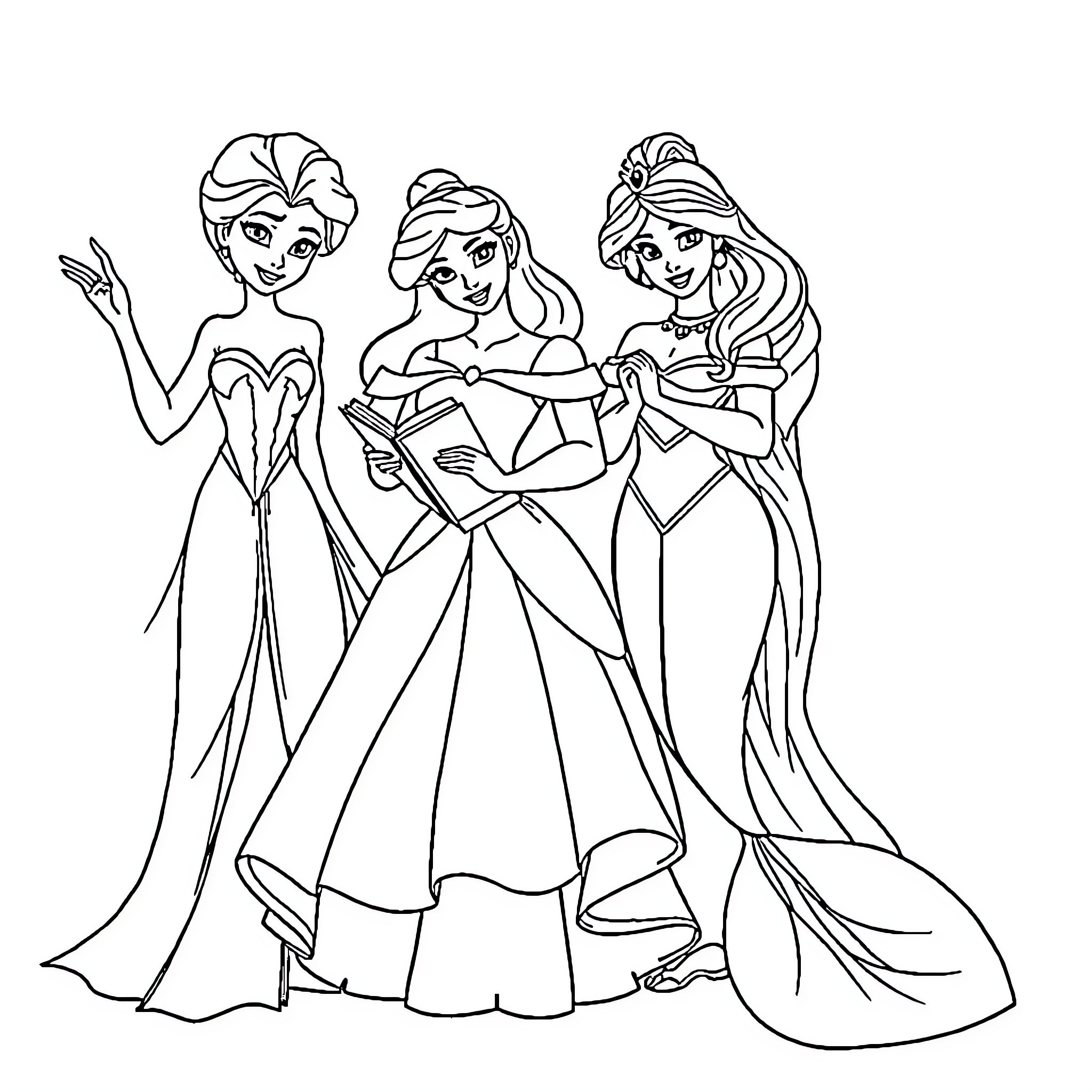 Disney Princesses in Elegant Dresses Coloring Page (free black-and-white line drawing printable PDF for all, from beginners to advanced learners, including children, teens, adults, and seniors)