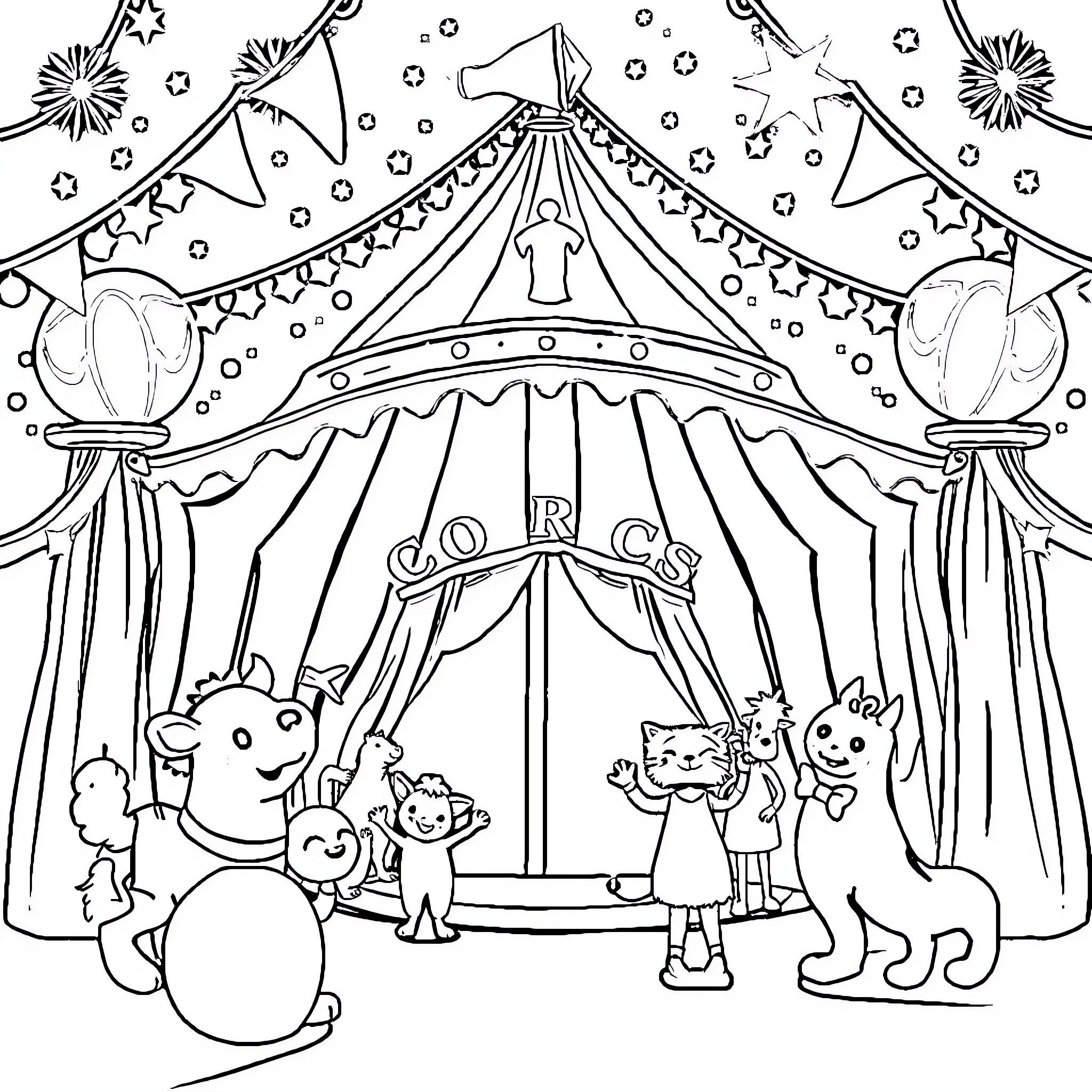 Fnafx Circus Performance with Cartoon Characters Coloring Page (free black-and-white line drawing printable PDF for all, from beginners to advanced learners, including children, teens, adults, and seniors)
