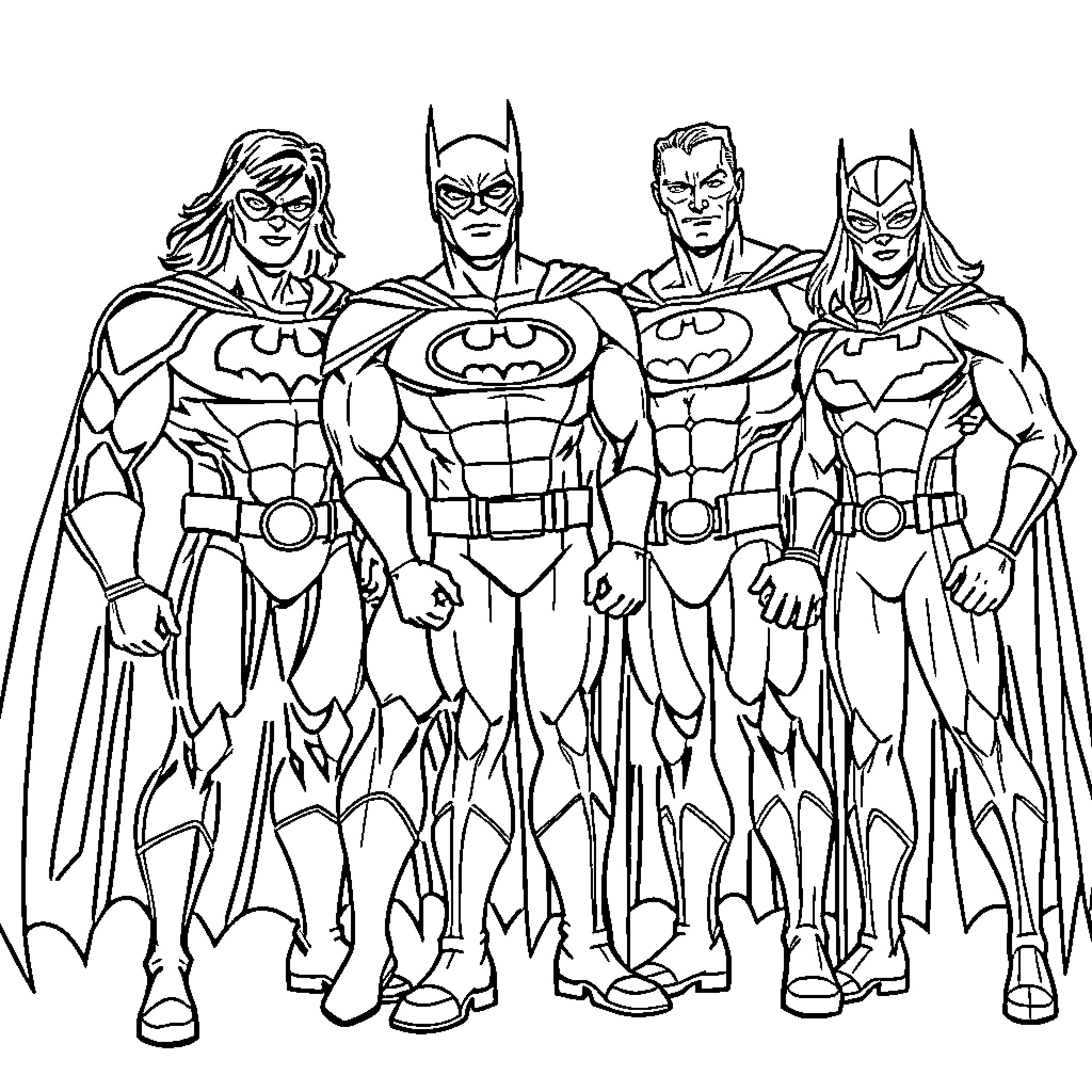 DC Heroes in Action Poses Coloring Page (free black-and-white line drawing printable PDF for all, from beginners to advanced learners, including children, teens, adults, and seniors)
