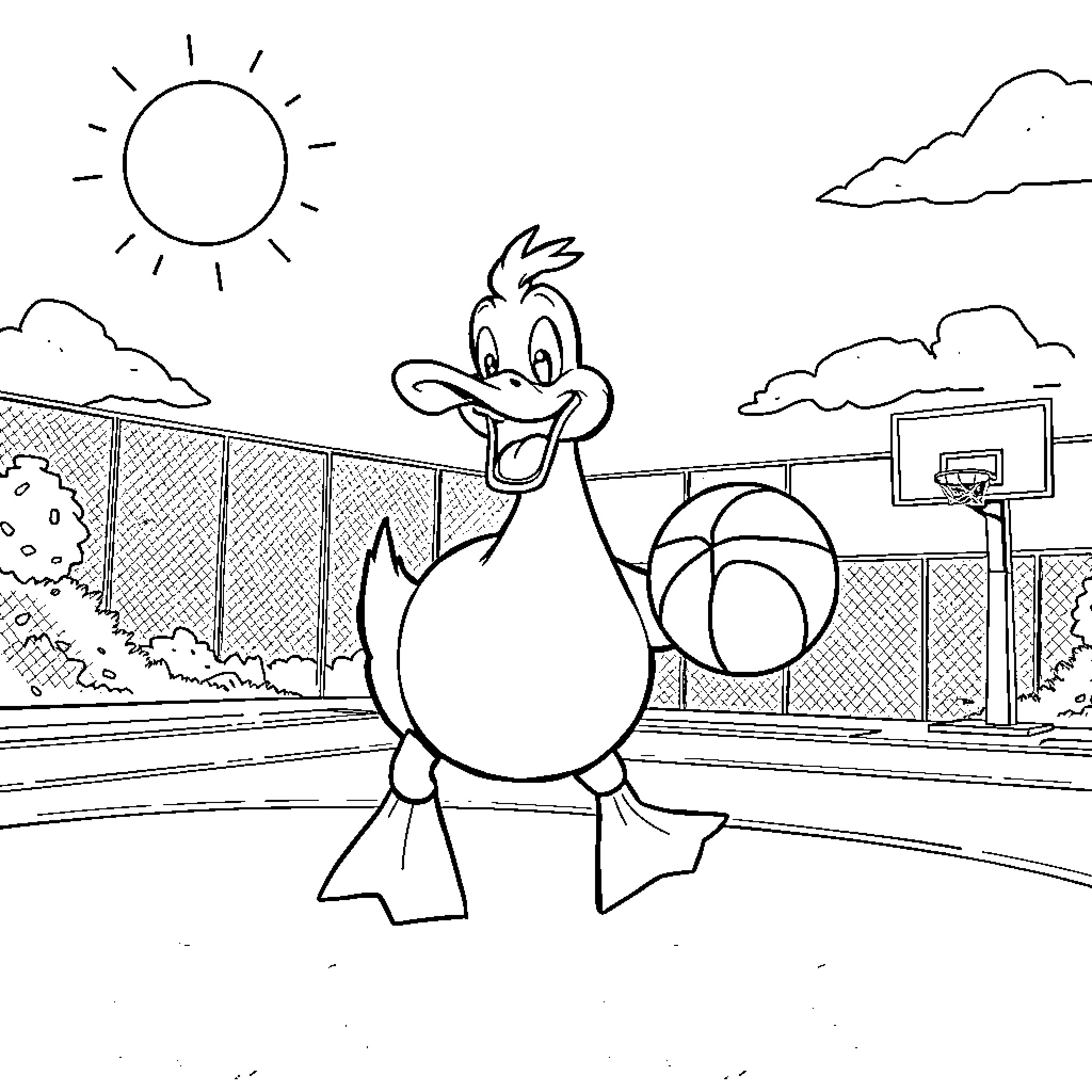 Psyduck playing basketball on the court Coloring Page (free black-and-white line drawing printable PDF for all, from beginners to advanced learners, including children, teens, adults, and seniors)